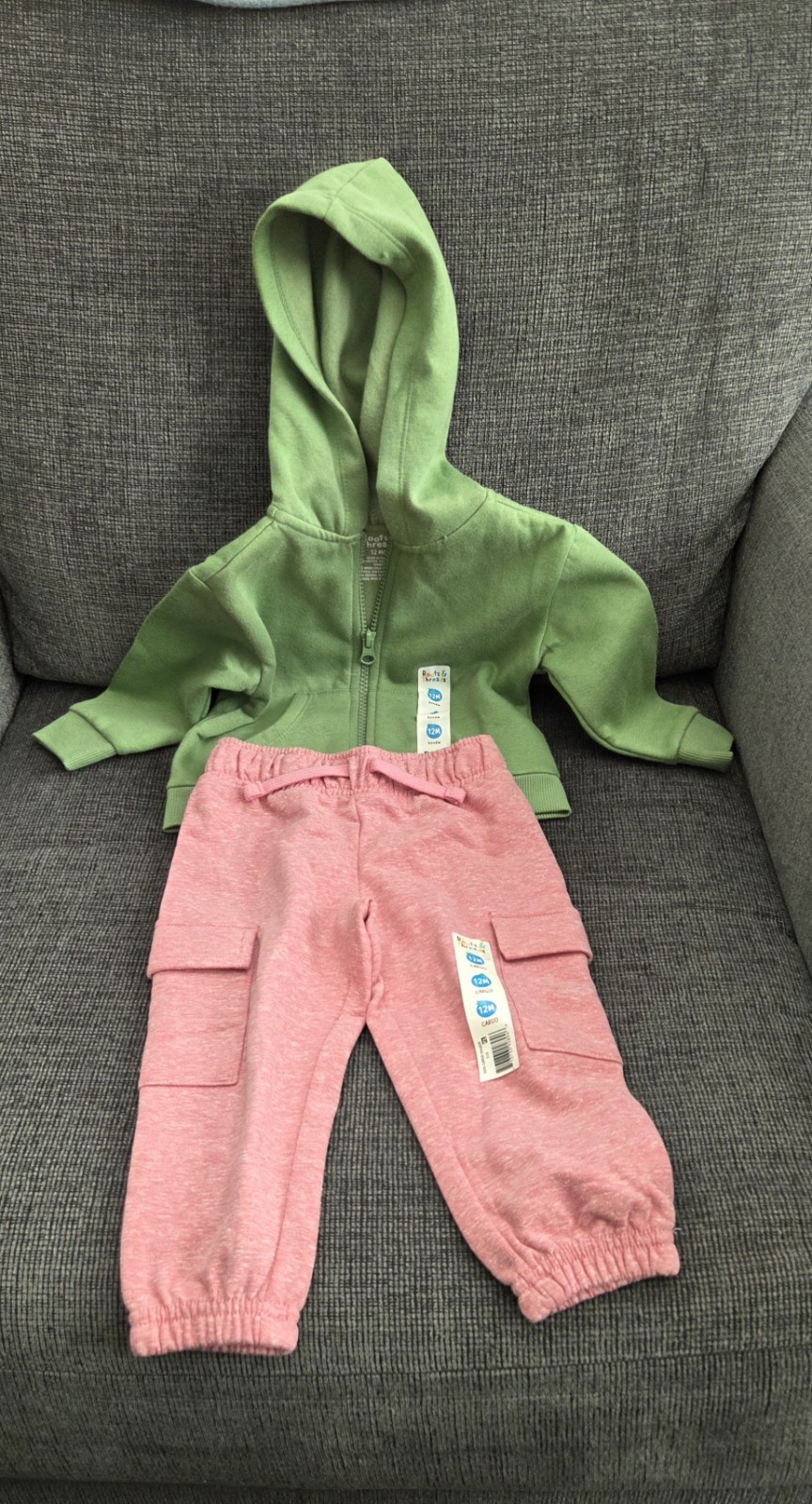 Roots & Threads 2pc 12M Zip Hooded Hoodie & Cargo Jogger Pants Set Green/Pink