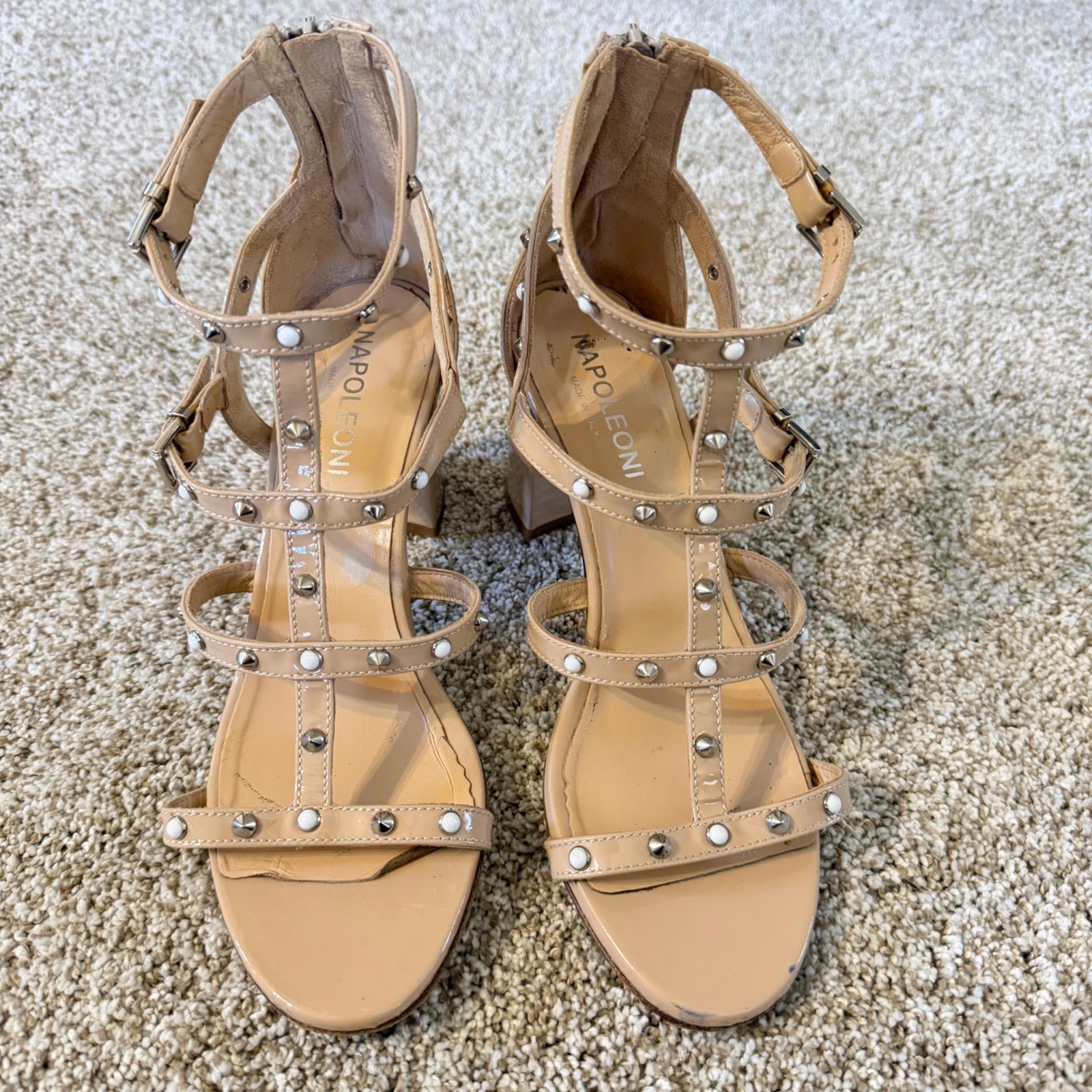Napoleoni Italy Nude Patent Leather Studded Gladiator Block Heel Sandals EU 38