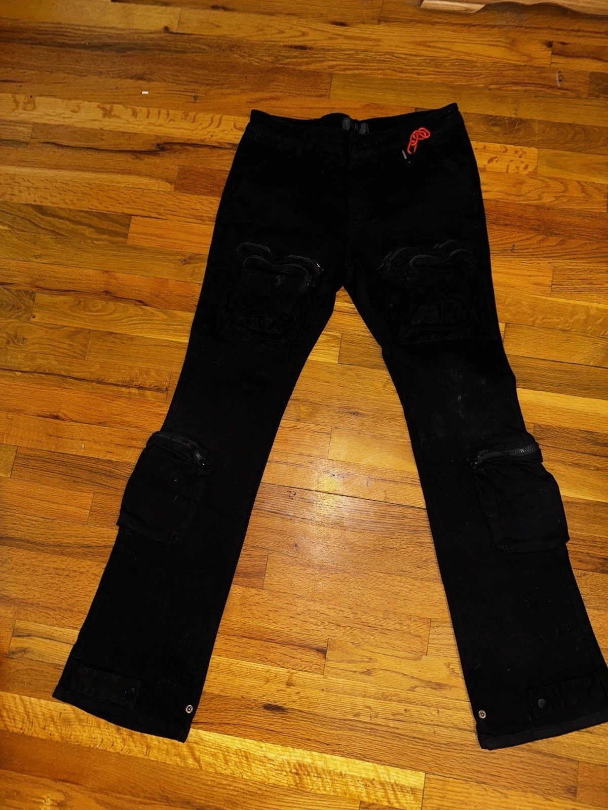 Men’s Distressed Cargo Paint Splatter Zipper THRT Jeans Pants Stretch Black 34