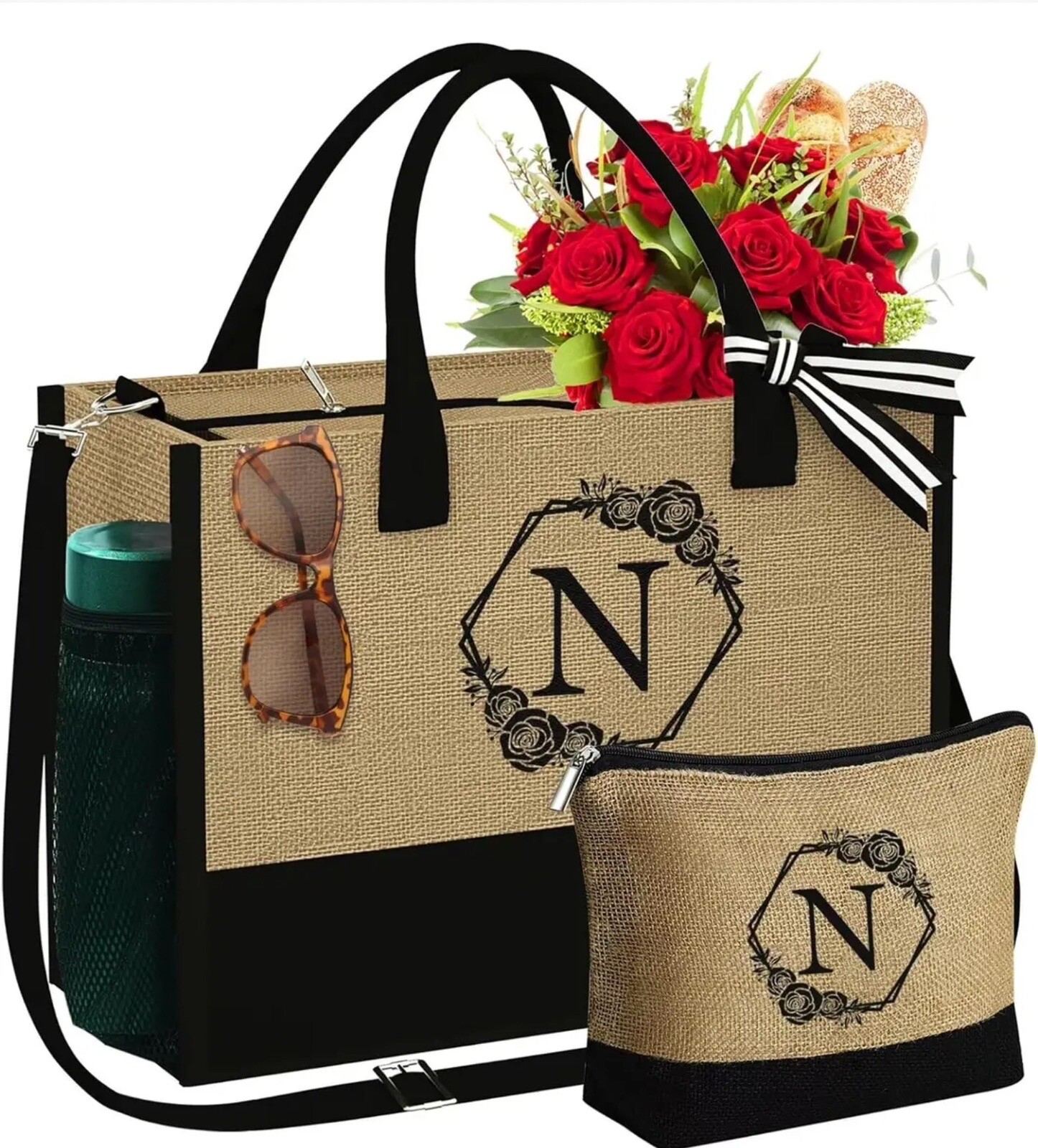 N Initial Jute Beach Tote & Makeup Bag with Zipper Adjustable Strap New