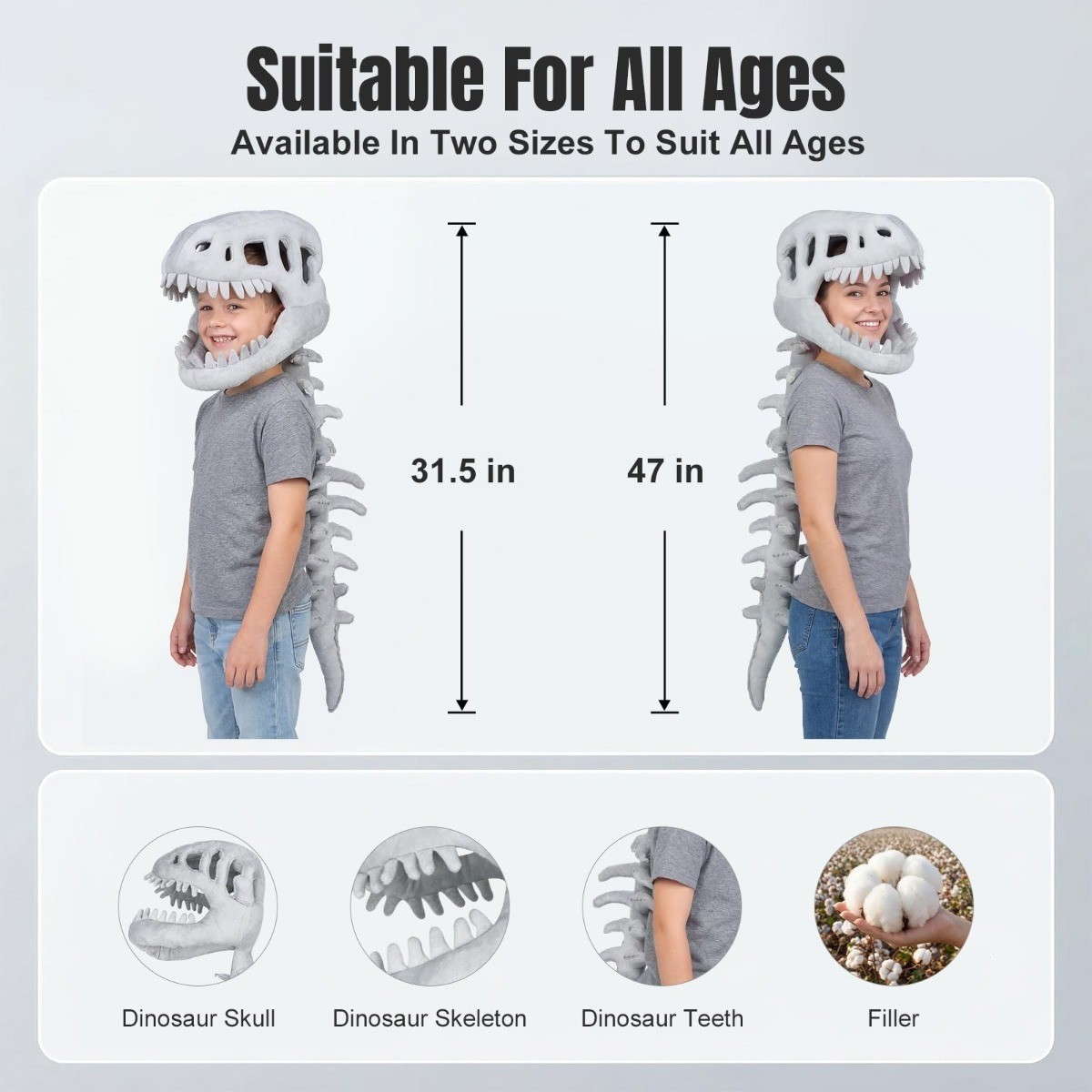 Dinosaur Skeleton Costume for Kids Halloween Cozy Plush 3D Dino Toy Skull Spine