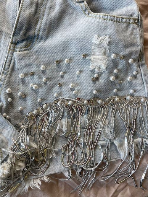 2025 Party Dance Shorts Tassel Beading Casual Jeans Women Celebrate Shiny Beads
