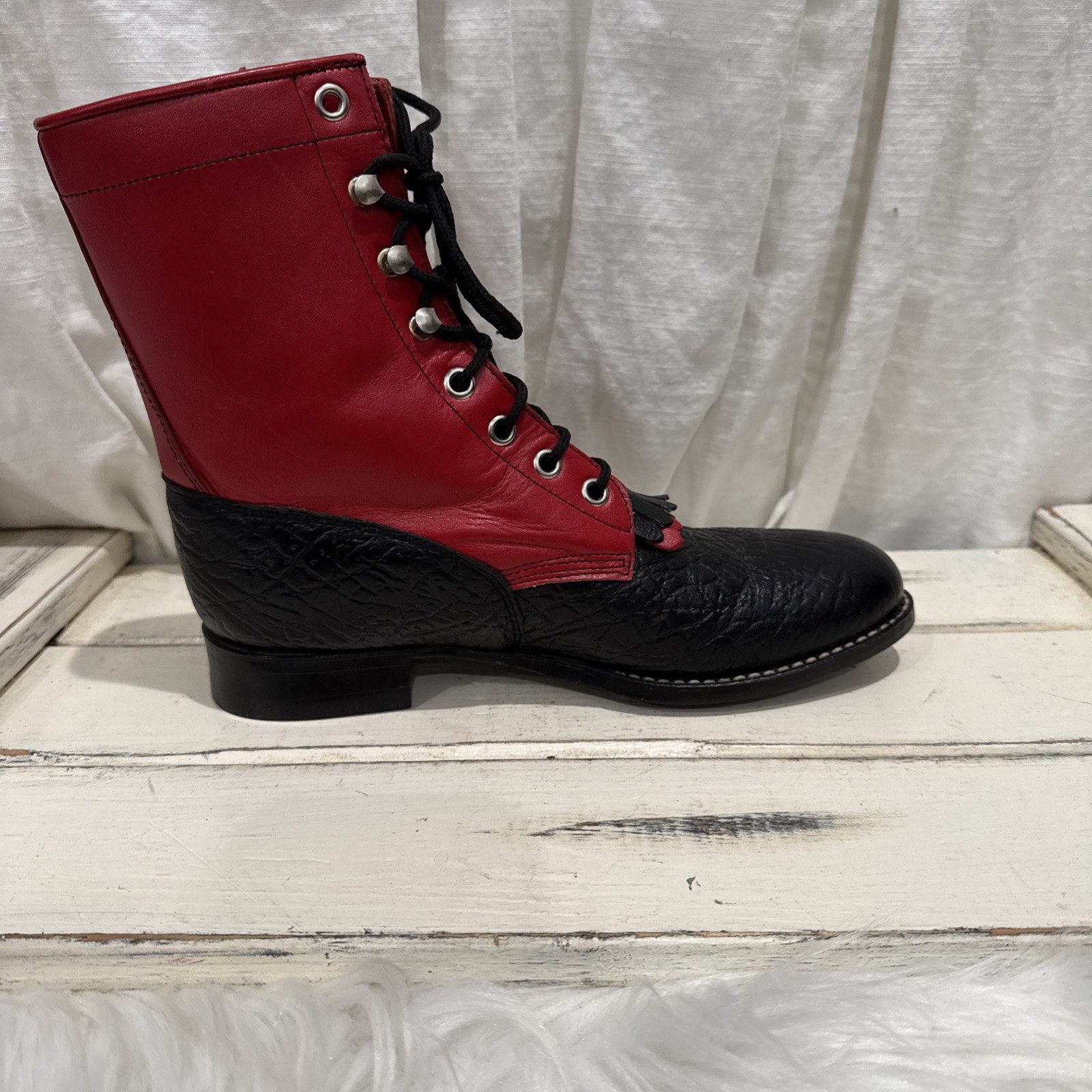 Red black Leather Boots Cowgirl Womens Sz 7B Granny Grunge Gothic Punk saloon