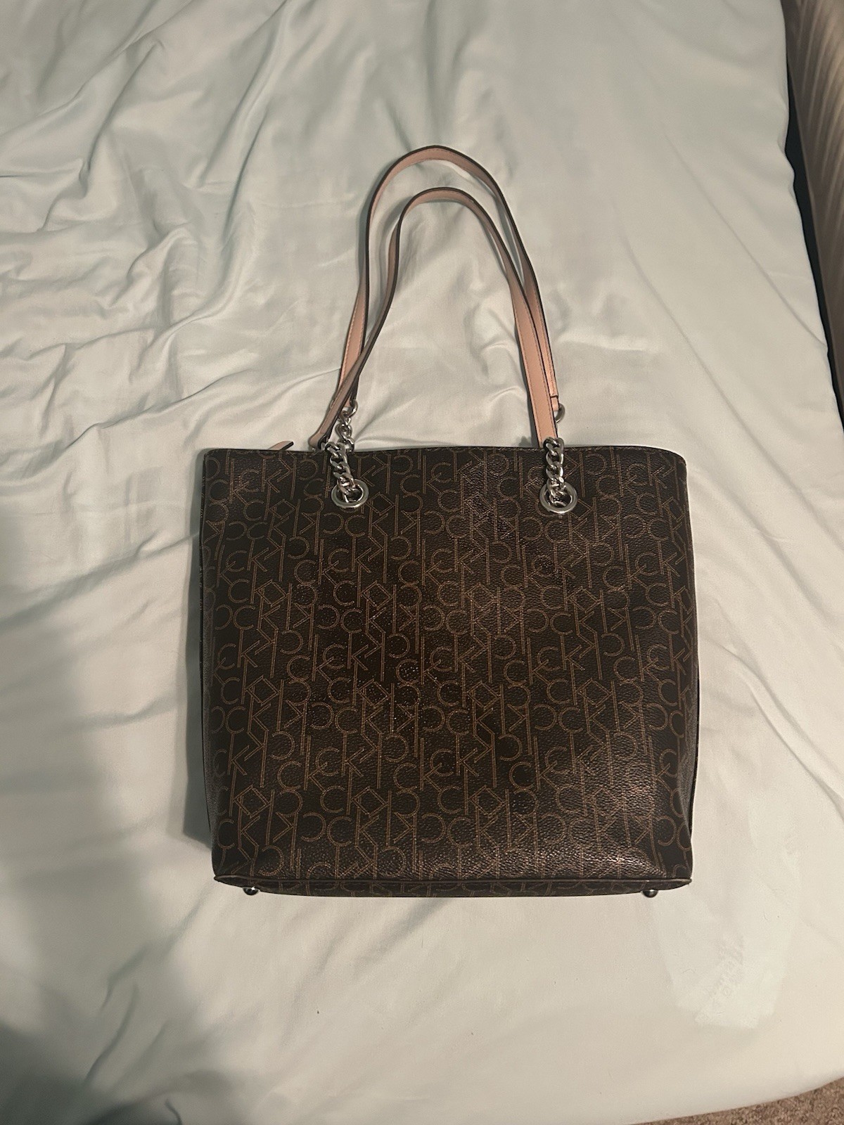 Calvin Klein Brown Logo Tote Bag Zip Closure Double Handles Lined Pockets