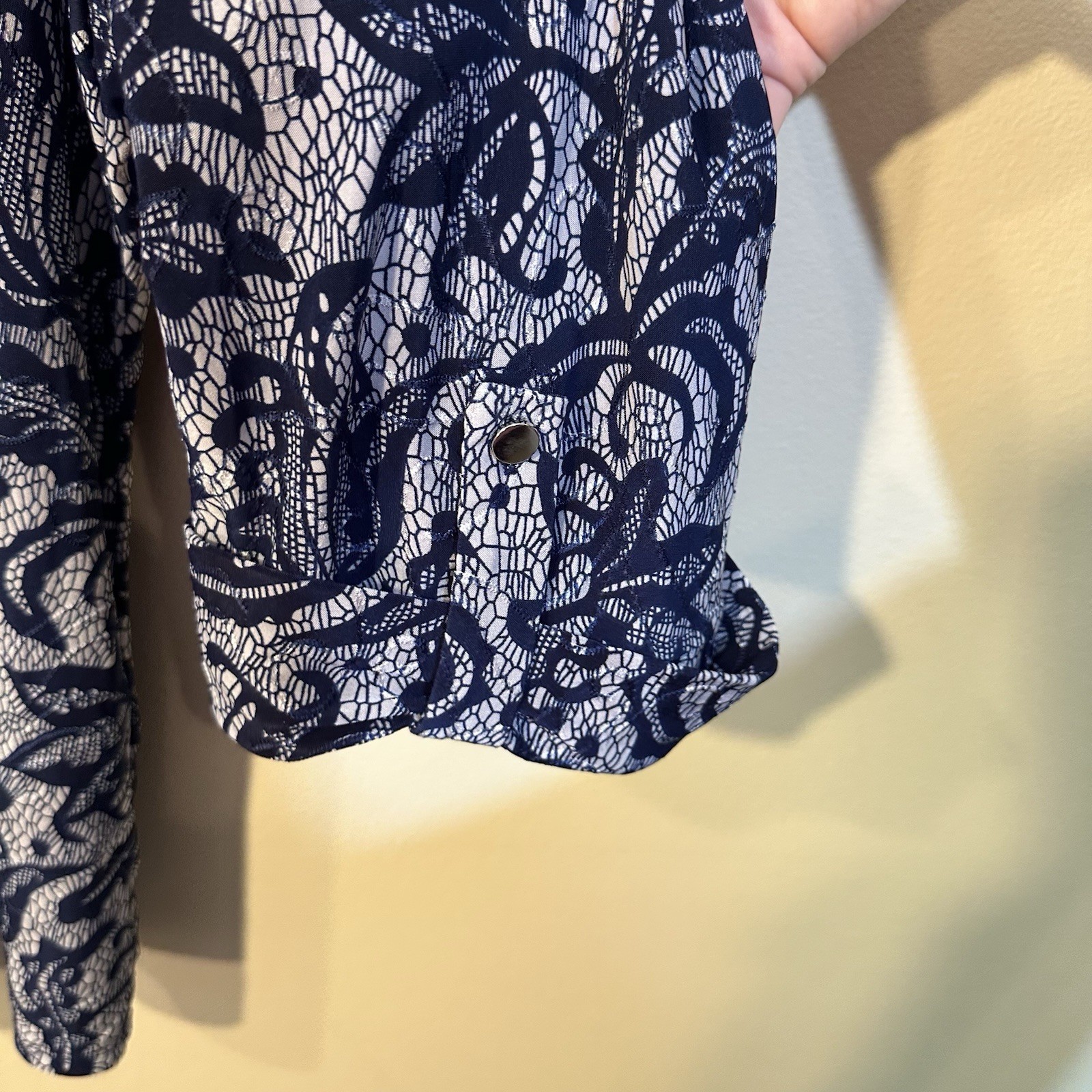 New Directions Womens Plus 3X Navy & White Floral Lace 3/4 Sleeve V-Neck Blouse