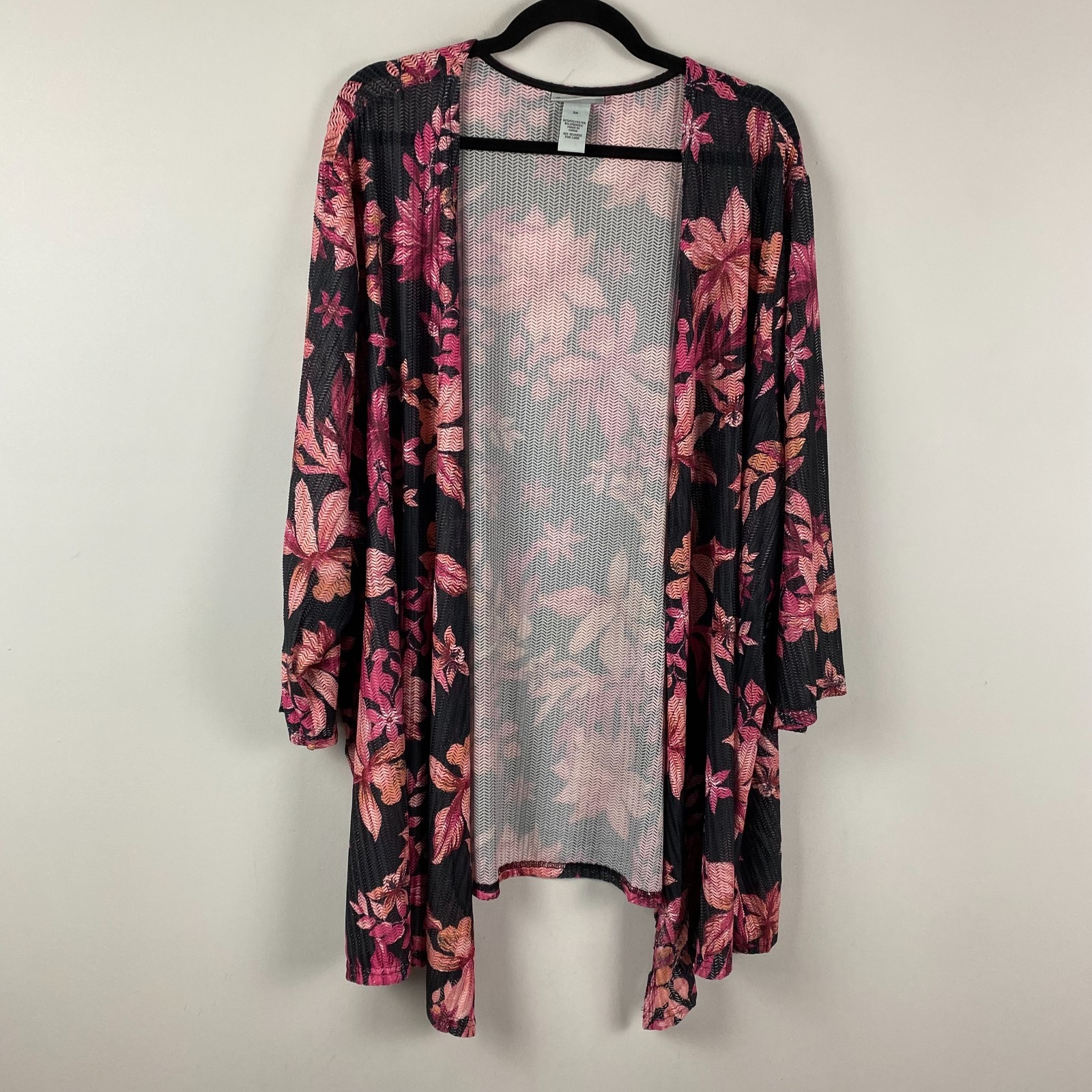 Catherines Open Front Cardigan Size 5X 3/4 Sleeves Open Weave Black Pink Floral