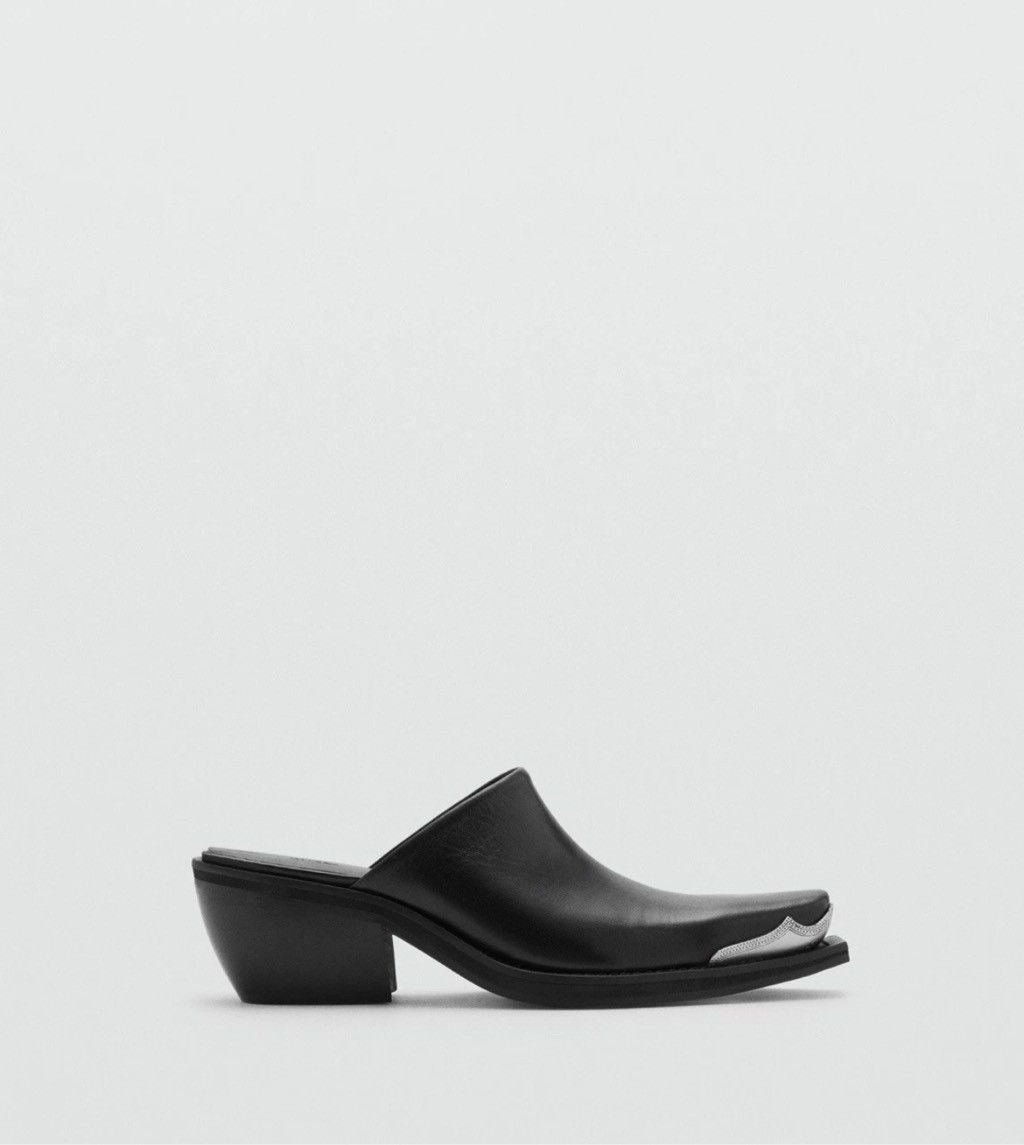 MNG Mango $219 Black Leather Western Mule Metallic Toe Womens 37 NEW