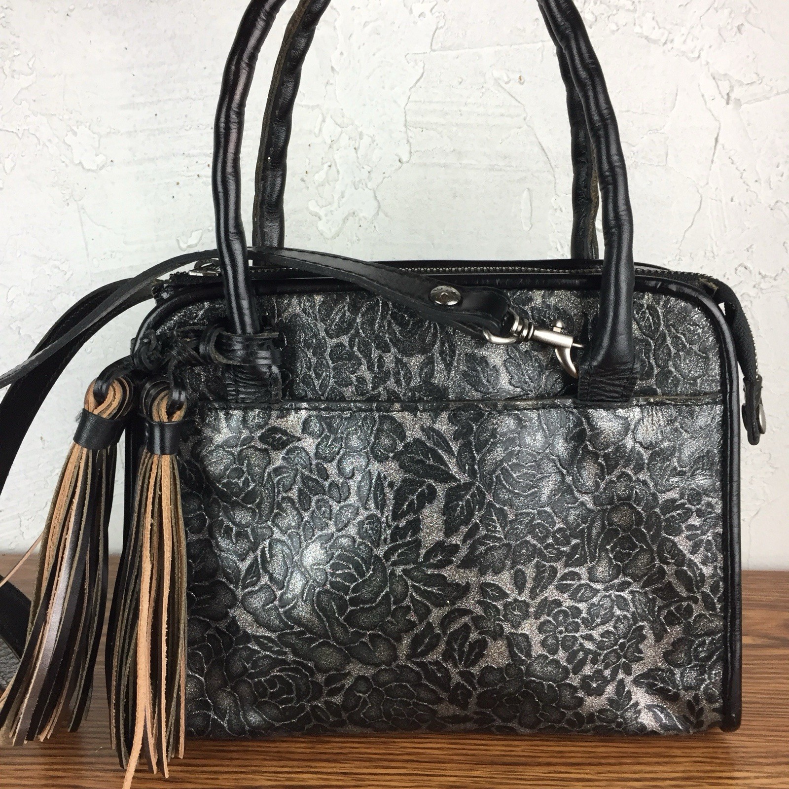 PATRICIA NASH Small Paris Glitter Rose Leather Satchel Crossbody Tassels