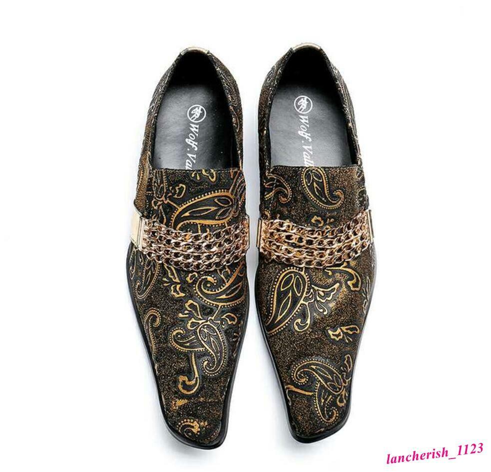 Chain Men’s Leather Shoes Nightclub Formal Pointed Toe Britain Embroidery Retro