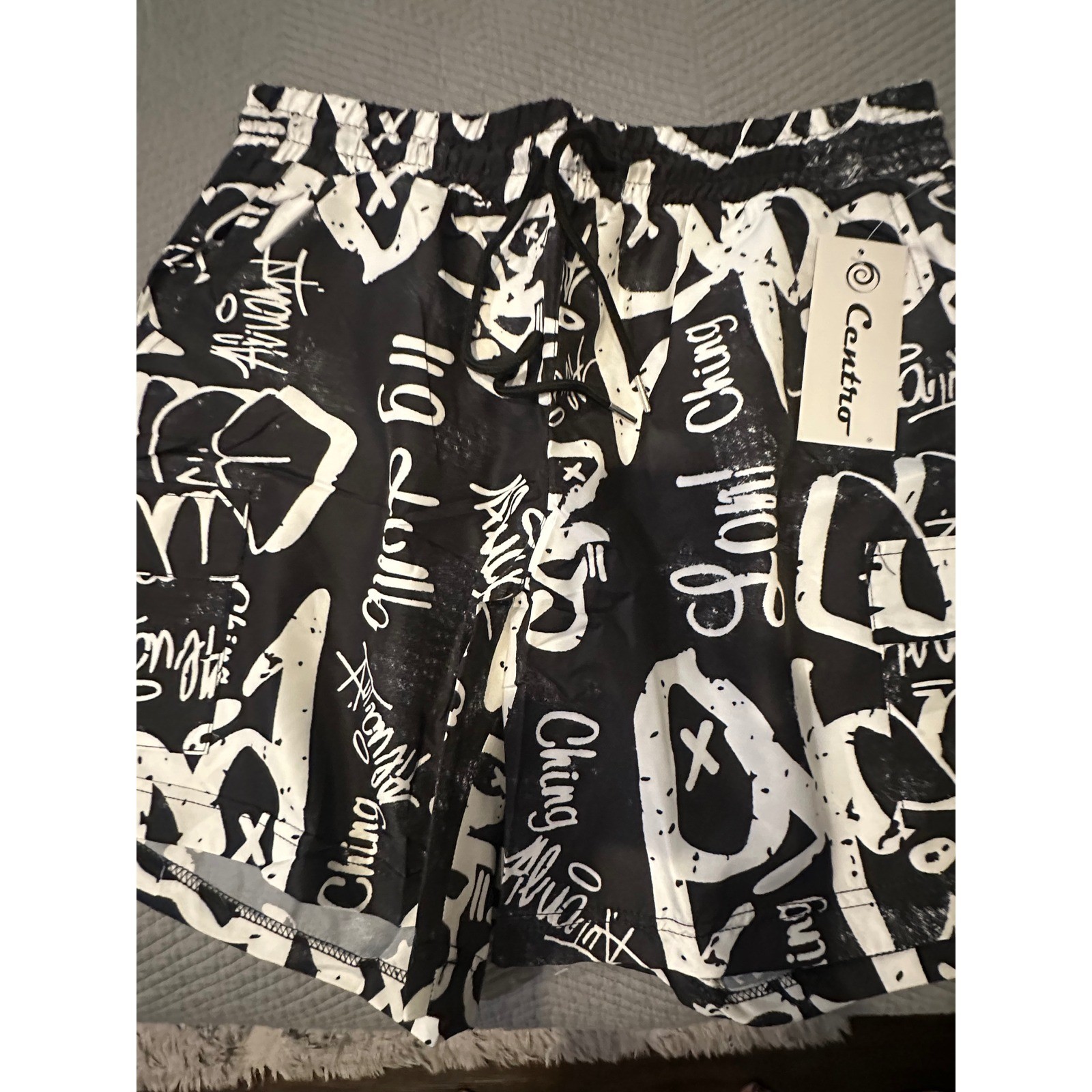 Centro Mens Graffiti Print Swim Trunks Black White Cargo Pocket MS1004 Large NWT