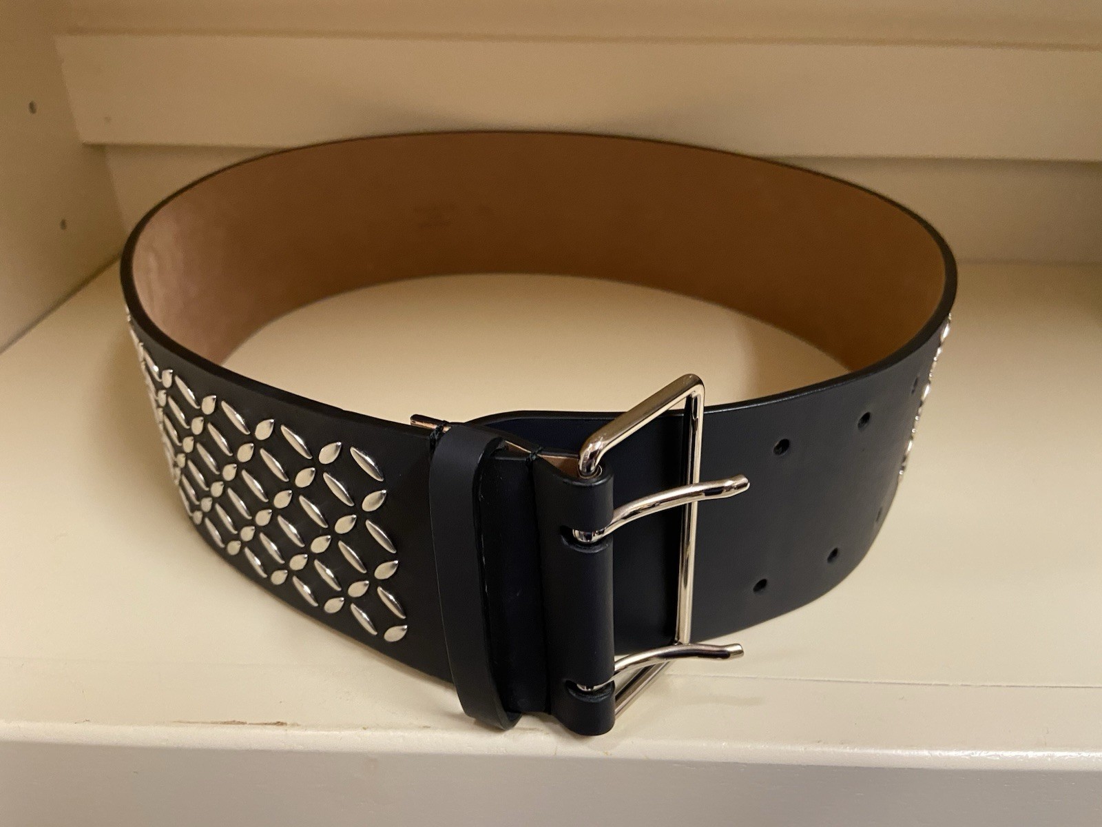 Alaia Women’s Silver Tone Stud Wide Black Belt Size 75 Made In Italy