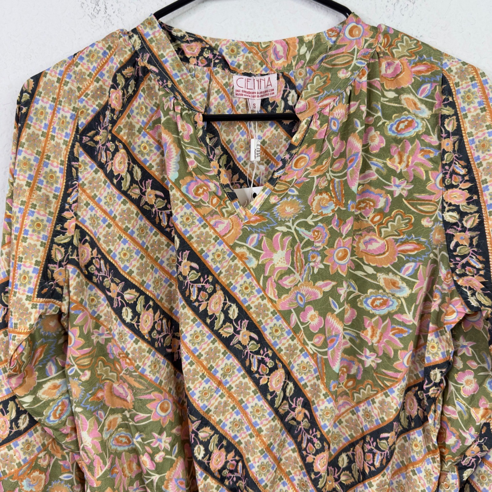 Cienna Shirt S Floral Silk Blend Patchwork Boho Peasant Cottagecore Indie Hippie