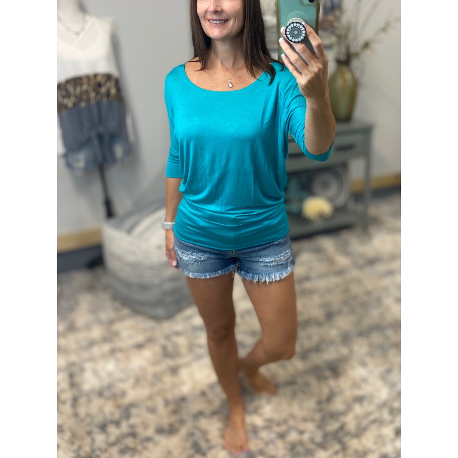 Sexy Dolman Wide Scoop Open Neck Batwing Blouse Top Shirt Teal S/M/L