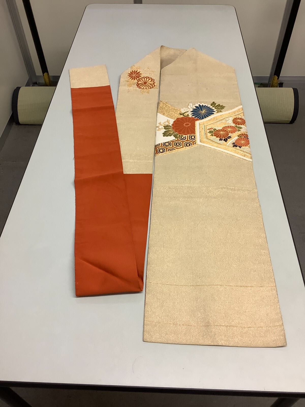 Japanese Vintage Kimono Nagoya Obi silk Beige Flower Embroidery Dirt 138×11.4in