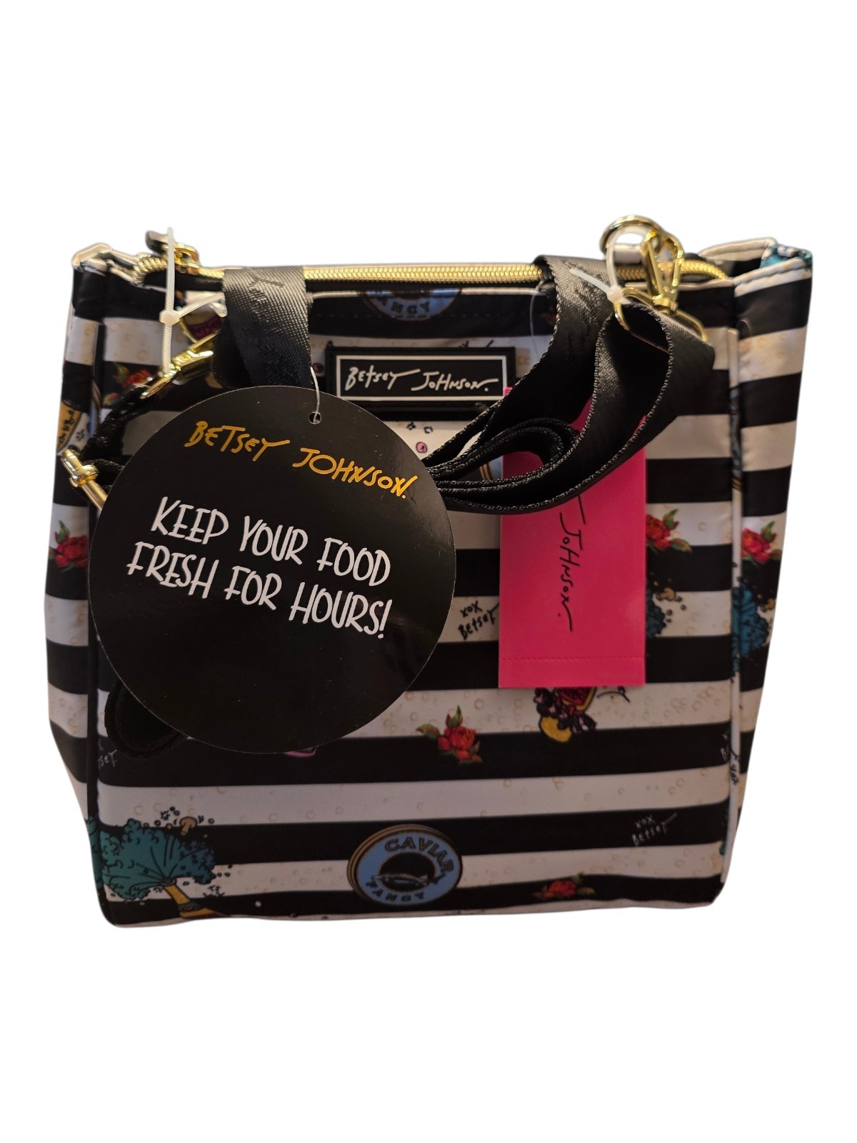 Betsey Johnson Caviar and Champagne Zip Top Insulated Lunch Tote Lunch Bag NEW
