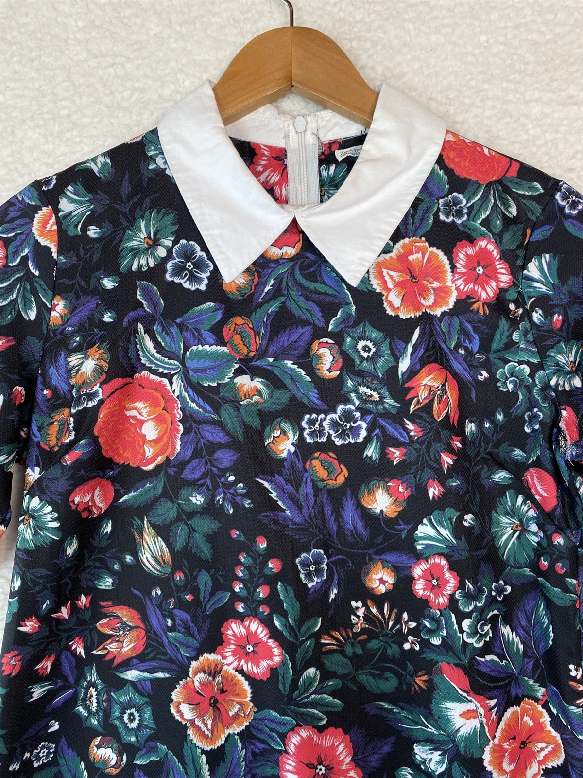 Zara Mini Dress Womens Small Aline Floral S/Sleeve Peter Pan Collar Work Office
