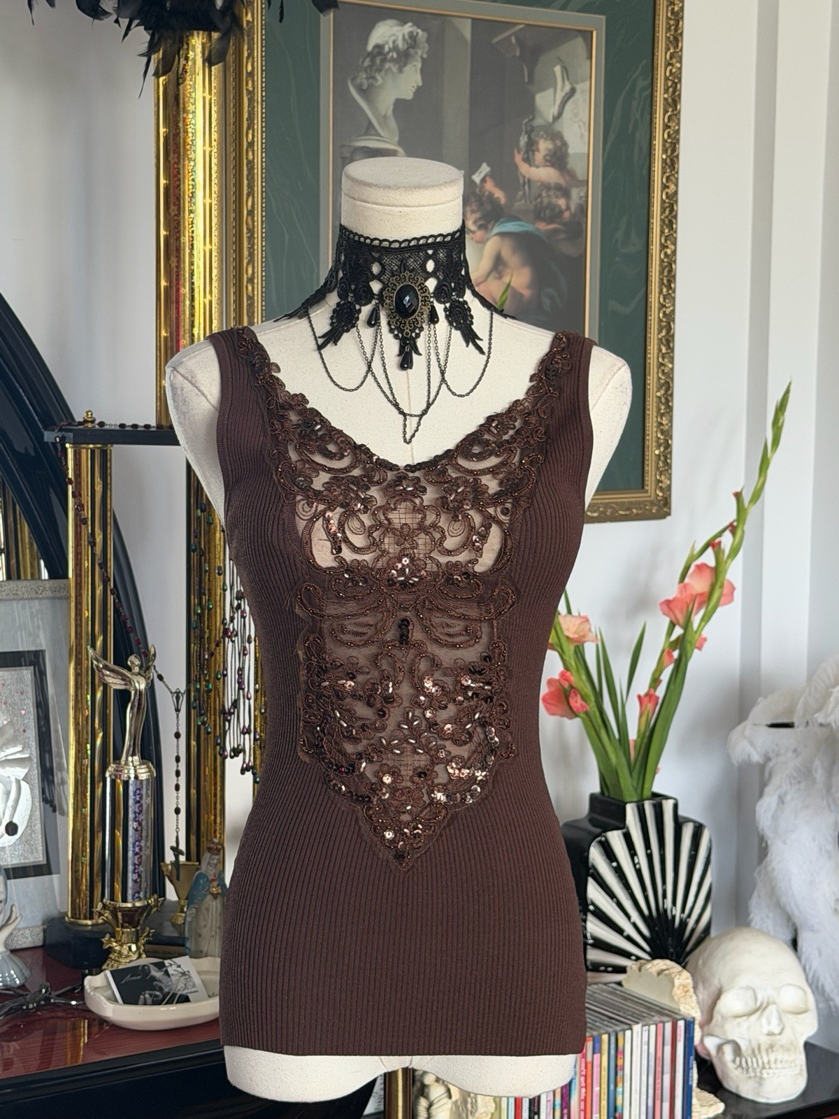 Caché Beaded Lace Illusion Knit Tank Top Brown Size S Stretch Y2K Gothic