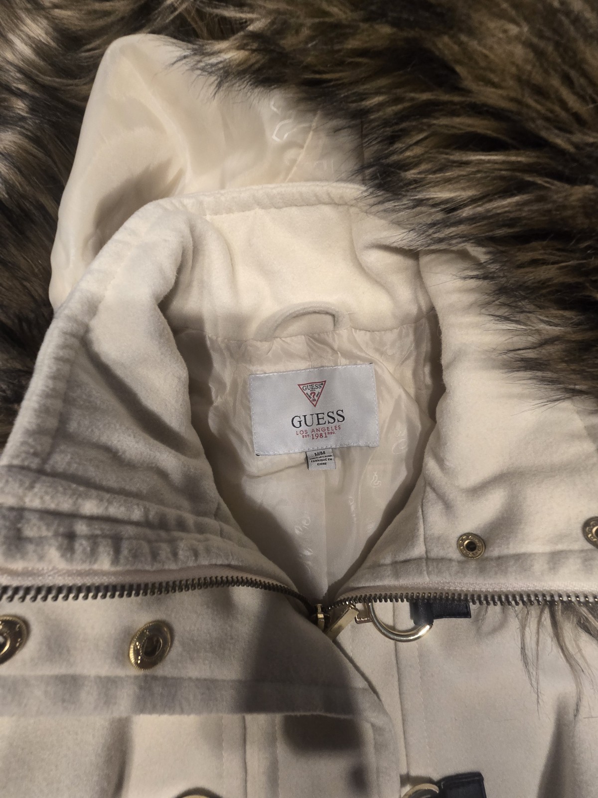 GUESS Women Cream Duffle Peacoat Jacket Hooded Faux FurToggle Winter Coat Size M