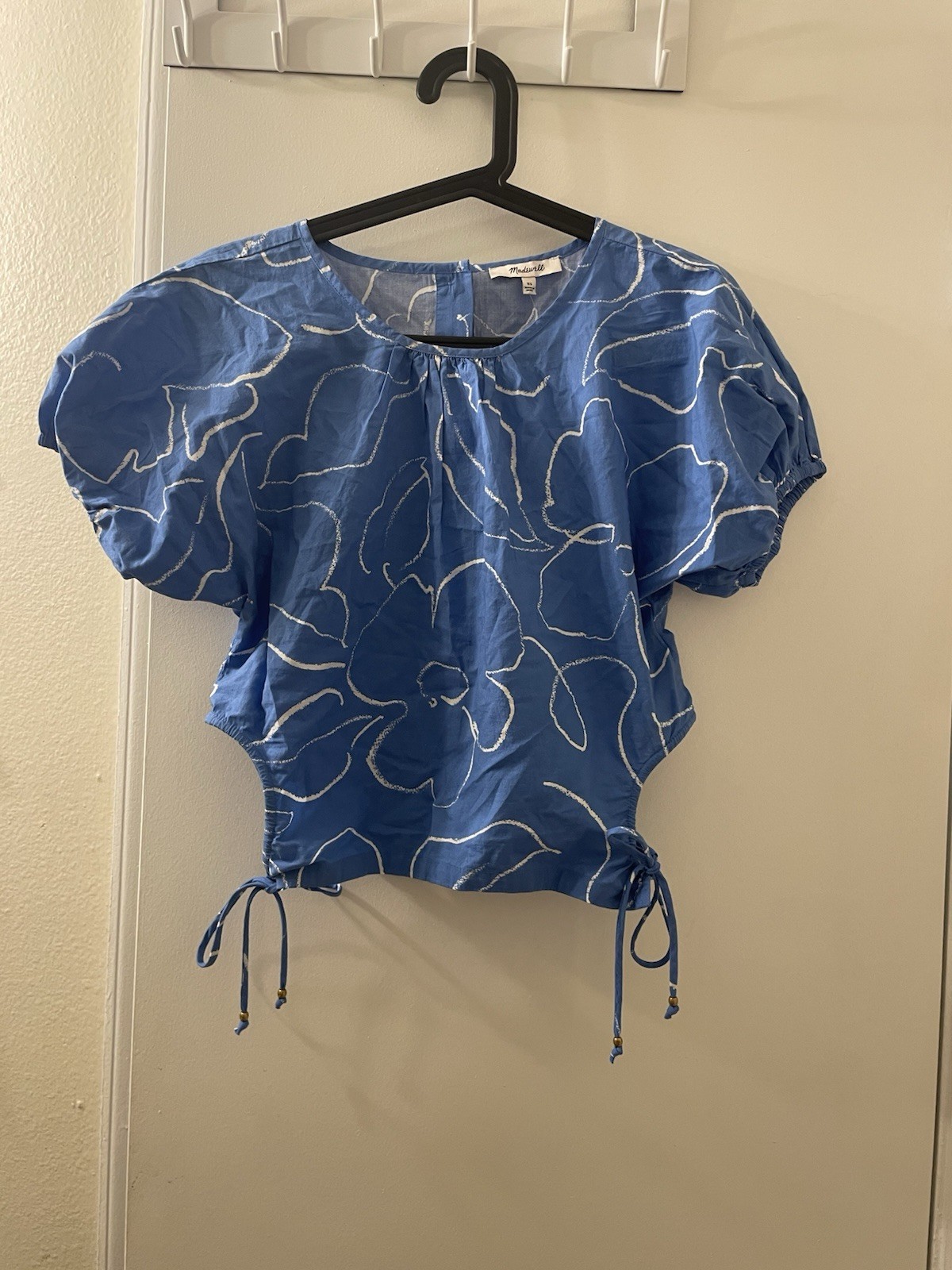 NWT Madewell XS Embroidered Poplin Puff-Sleeve Cutout Crop Top Blue Floral