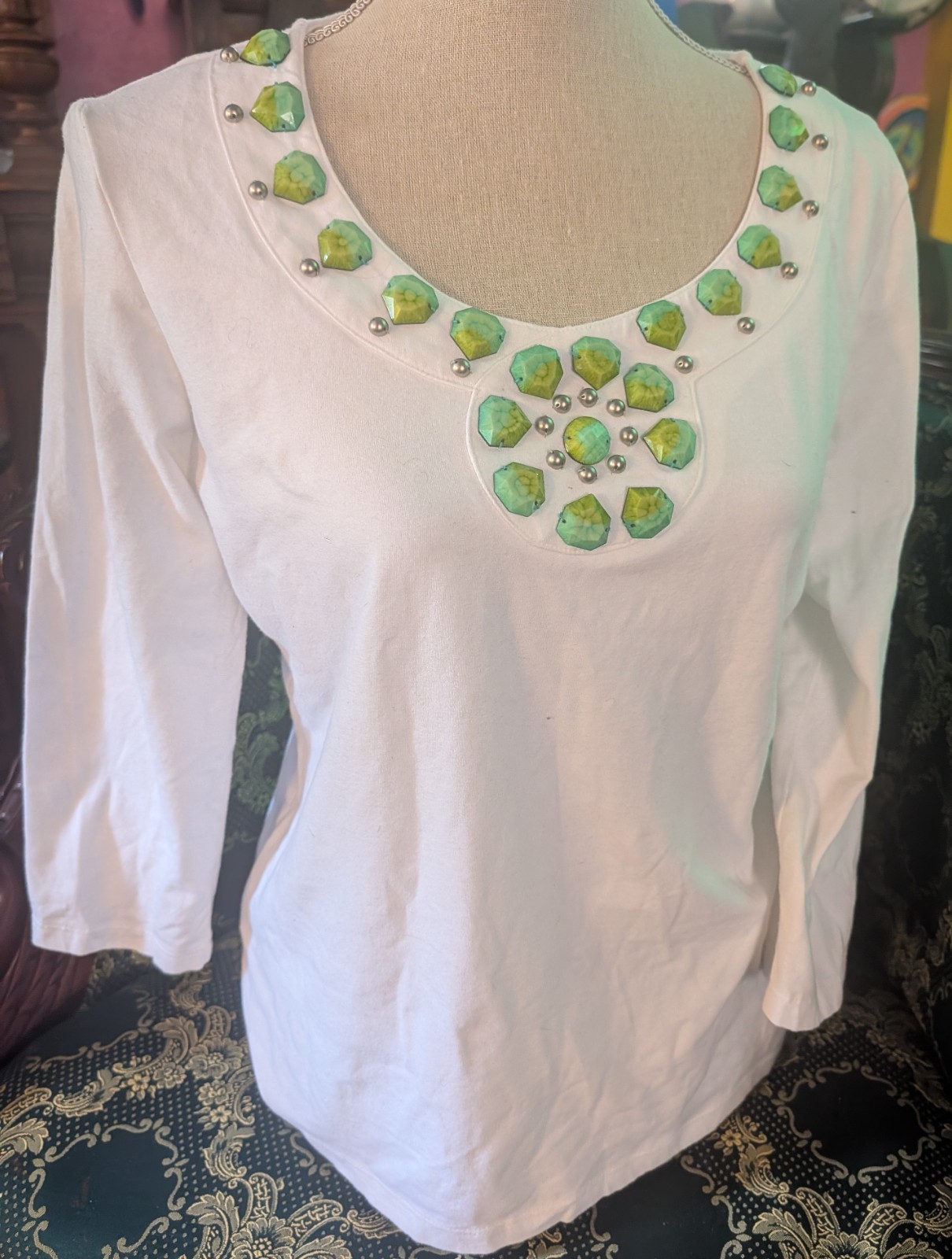 VTG Ruby Rd Top Women Sz M Scoop Neckline Adorned with Studs and Aqua Stones Y2K