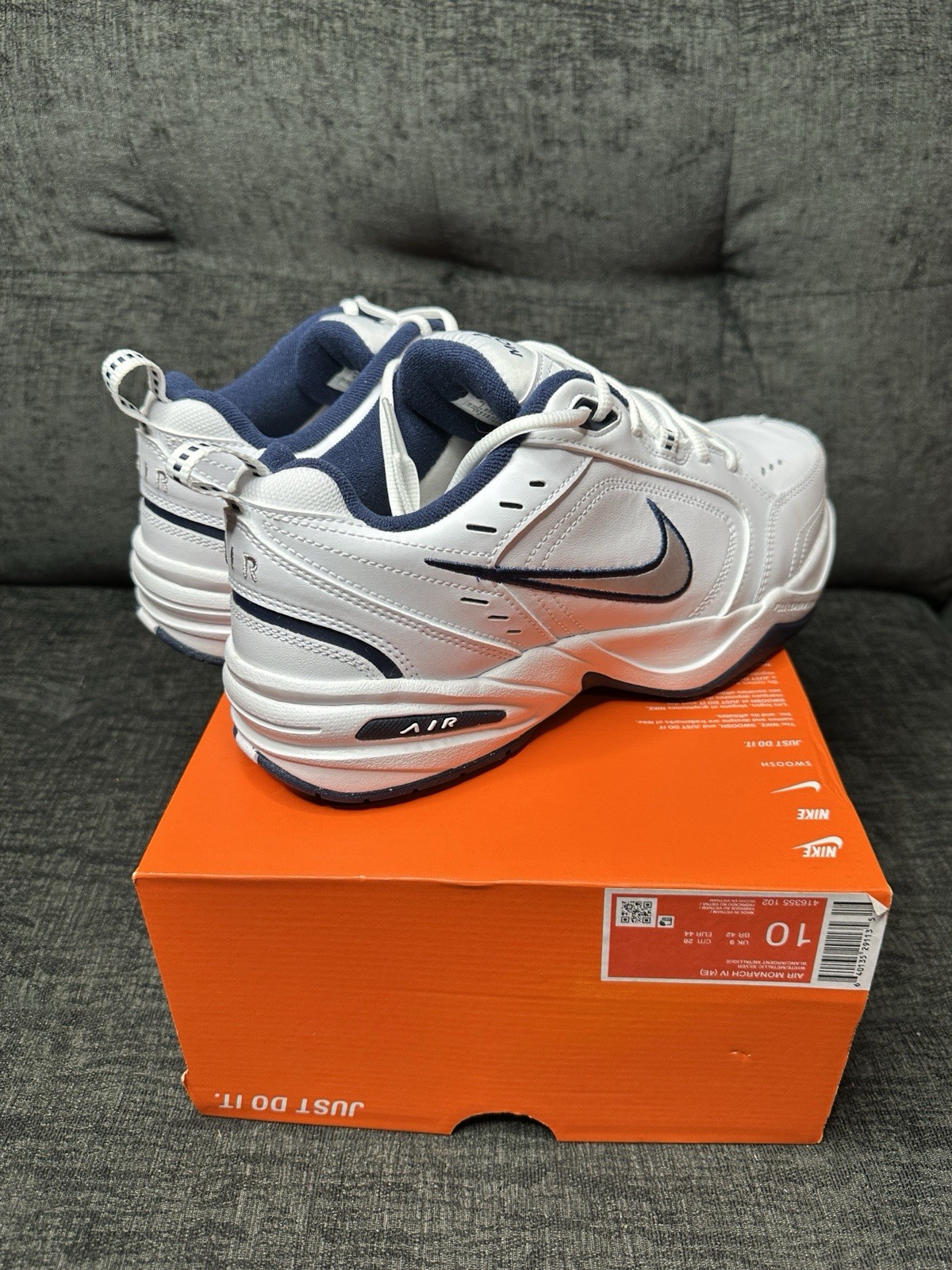 Nike Air Monarch IV 4E White Navy Mens 10 Wide Training Shoe 4E 416355-102 New