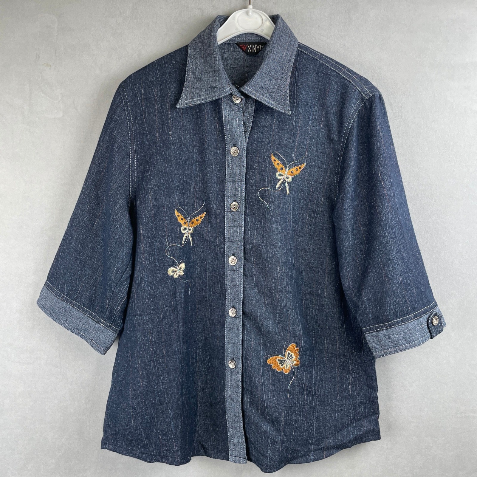 Xinyi Womens Dark Wash Denim Butterfly Embroidered Y2K Fairy 3/4 Sleeve Shirt L