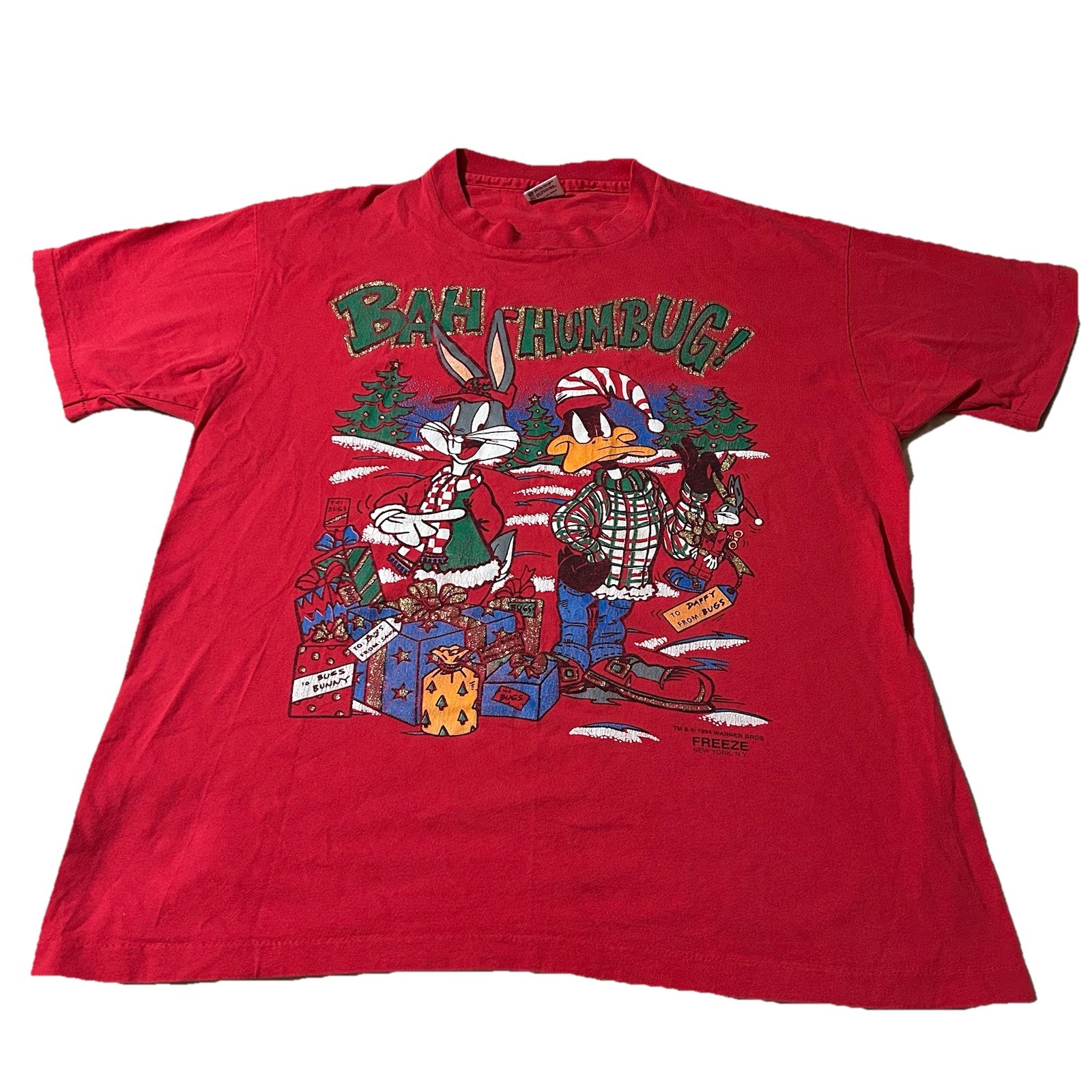 Vintage 90s Bugs Bunny Daffy Duck Bah-Humbug Christmas Shirt Size XL