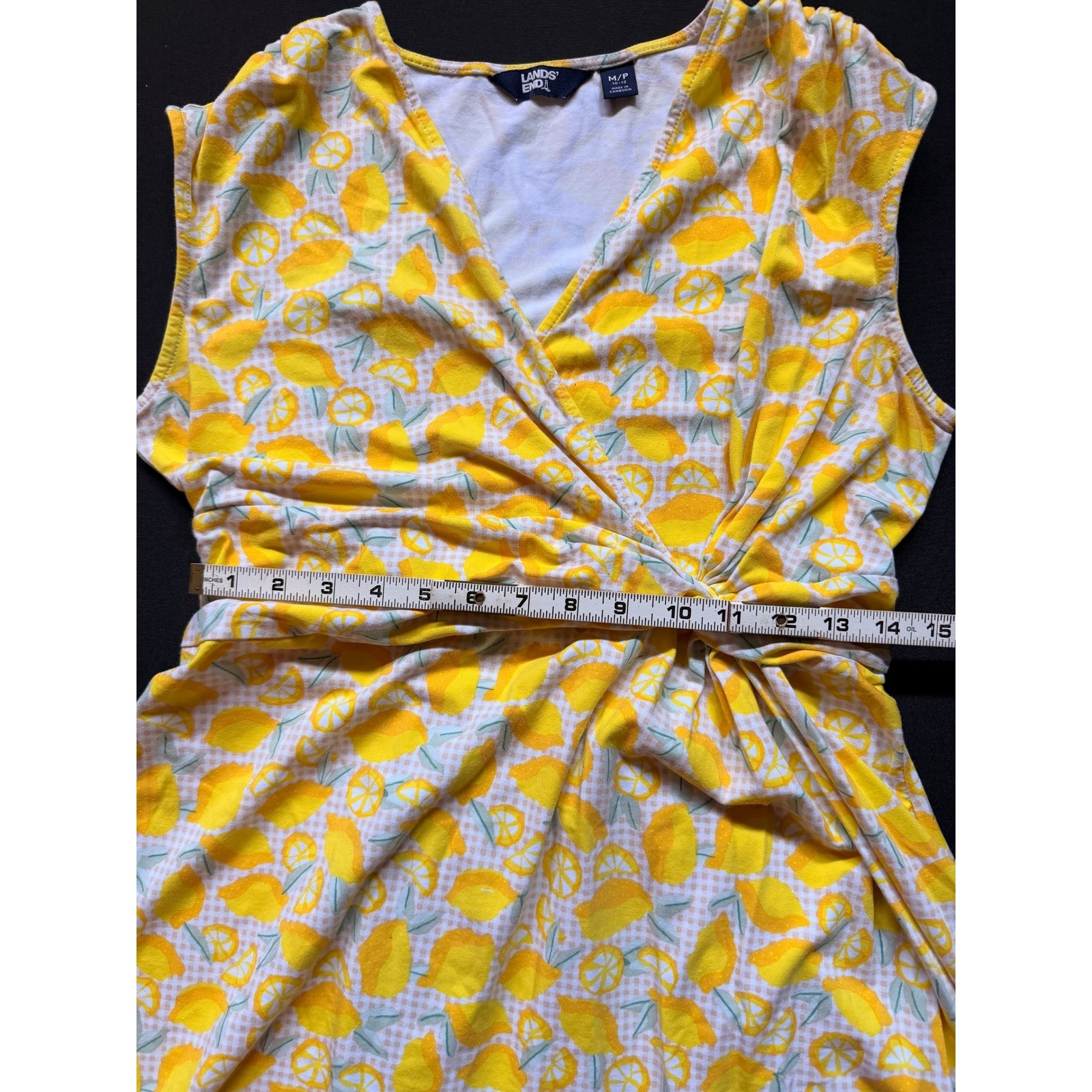 Lands End Yellow Lemon Print Faux Wrap Dress Size MP Sleeveless Gingham Tropical