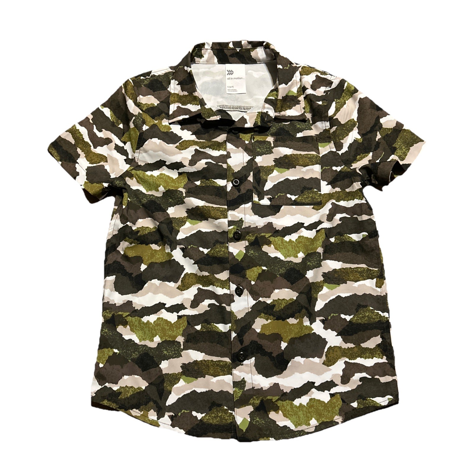 All In Motion Boy Green Camo Button Up Short Sleeve Shirt Size 6/7