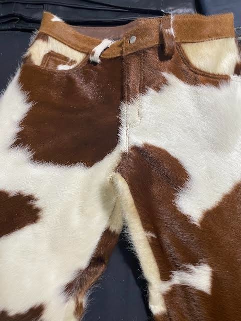 Men’s Cowhide Leather Pants Hair-On Genuine Cow Skin Western Biker Pants
