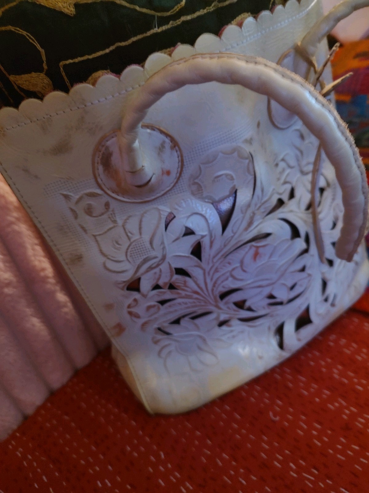 Vintage Italian Leather Western Style Handbag. Cut Out Floral Design