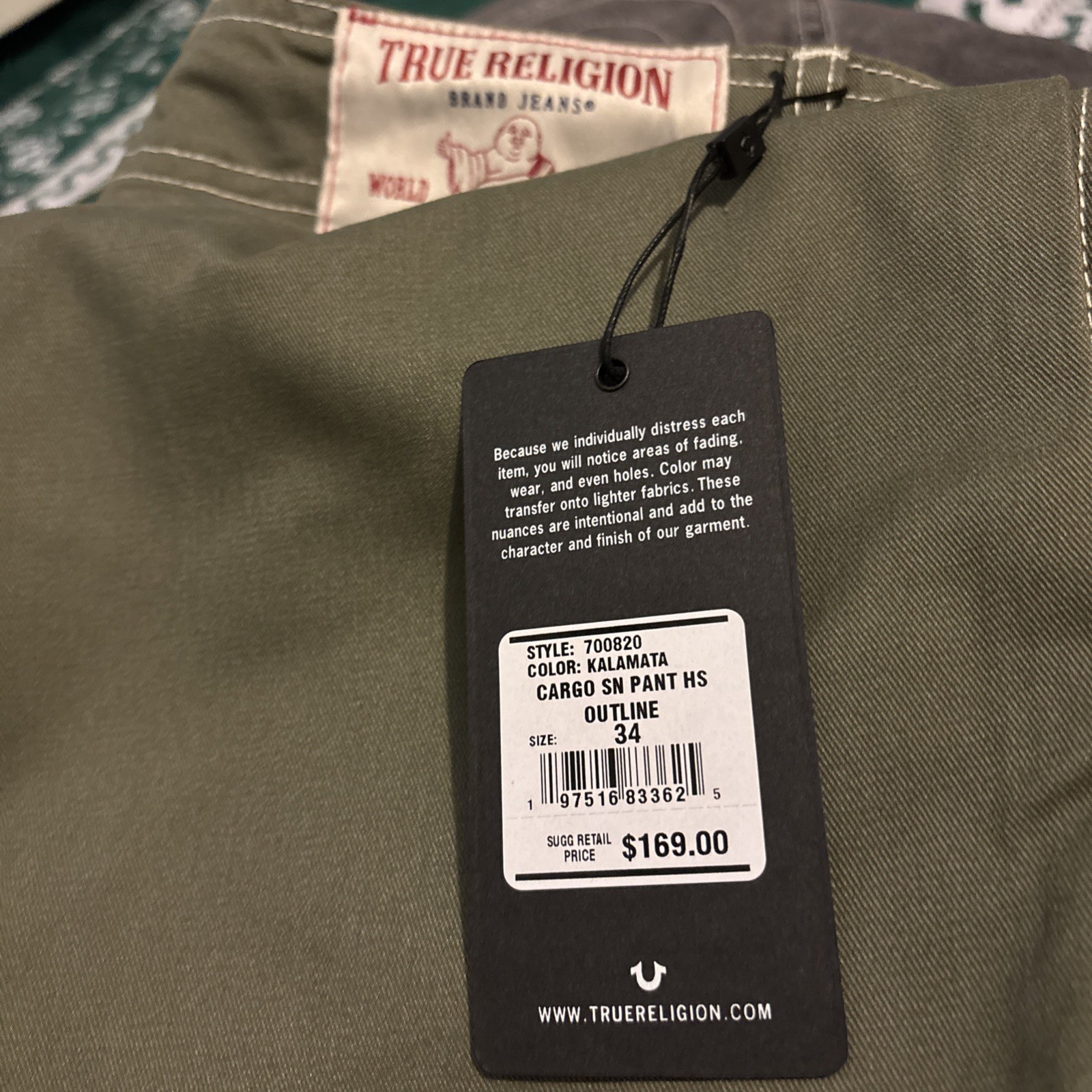 True Religion Men’s Cargo Pants Size 30×32 Kalamata Green Retail $169 NEW