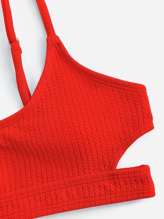 Ribbed Cutout Scoop Neck High Cut Bottoms Two Piece Bikini Swimsuit Red/Orange S