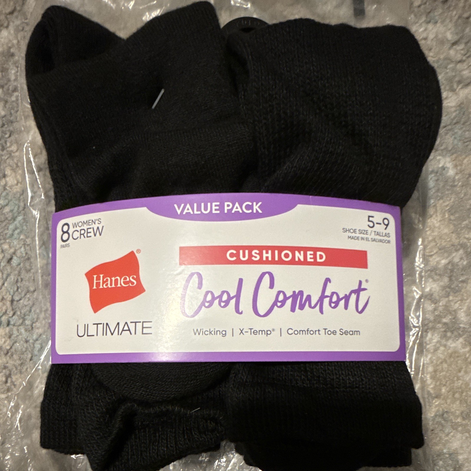 Hanes Ultimate Cool Comfort Cushioned Crew Socks Black 8 Pairs Women 5-9