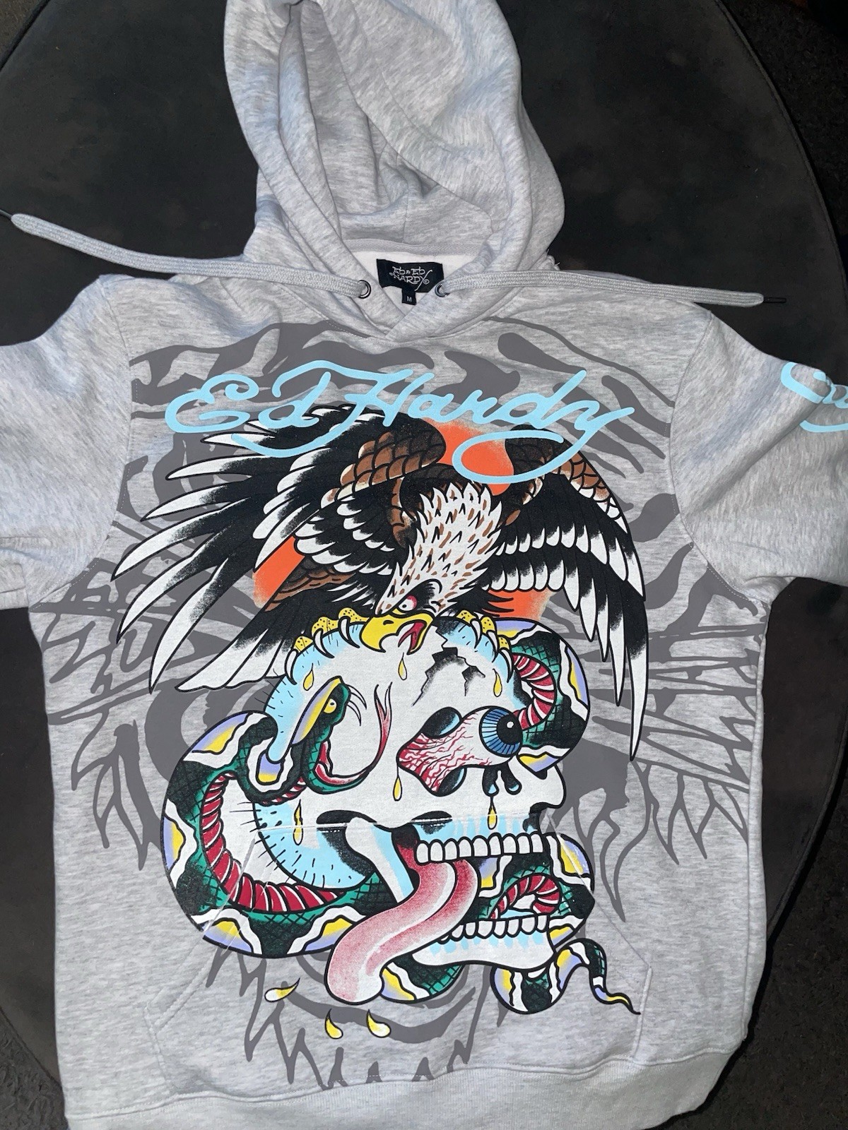Ed Hardy Men’s Gray Pullover Hoodie M Skull Snake Graphic Print Logo