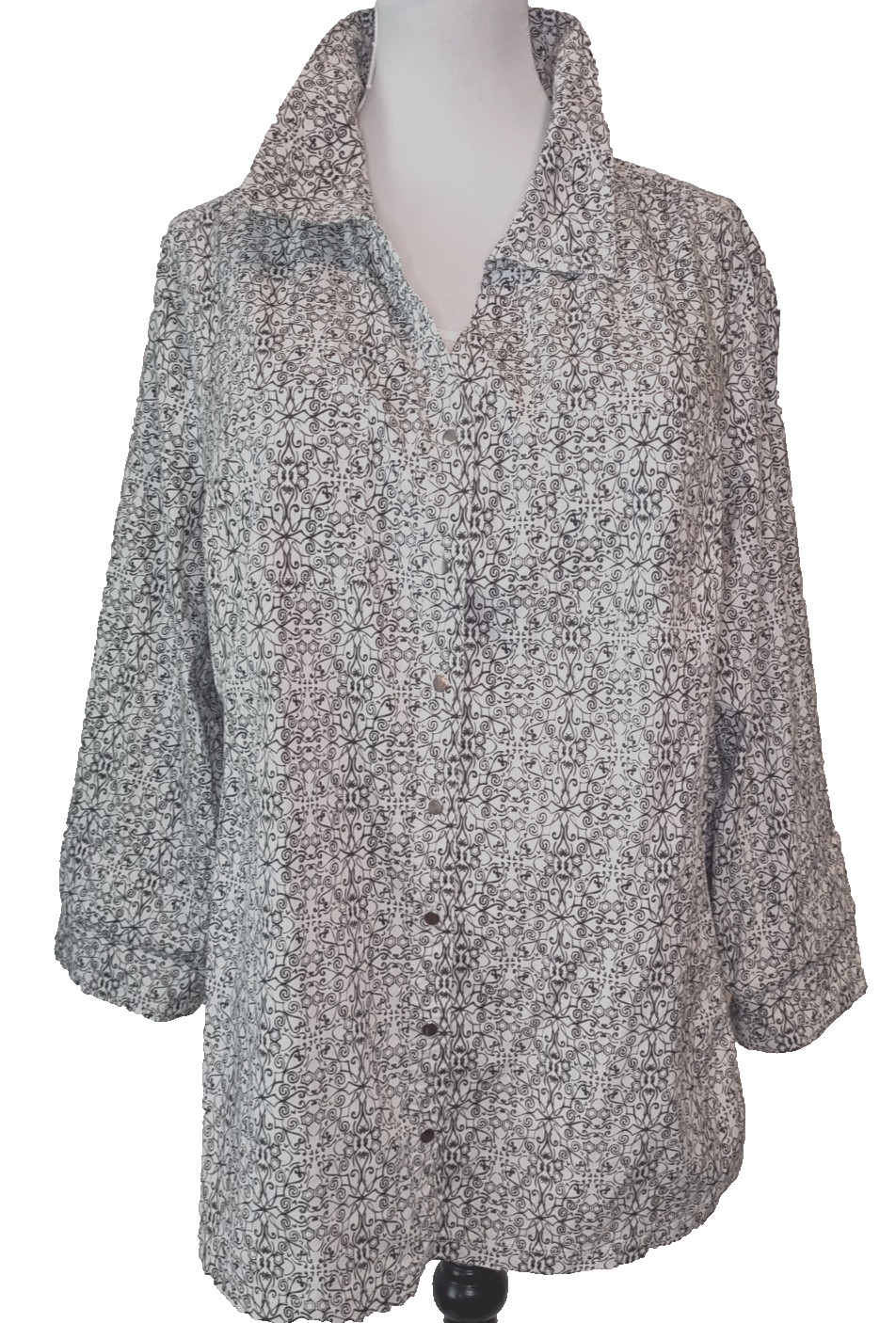 Coral Bay Blouse Shirt Top 3X Roll-Tab Sleeve Button Knit Side Panels Easy Wear