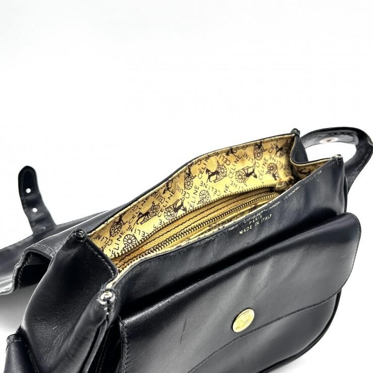 CELINE Vintage Horse Carriage Black Leather Shoulder Bag Gold Hardware Women