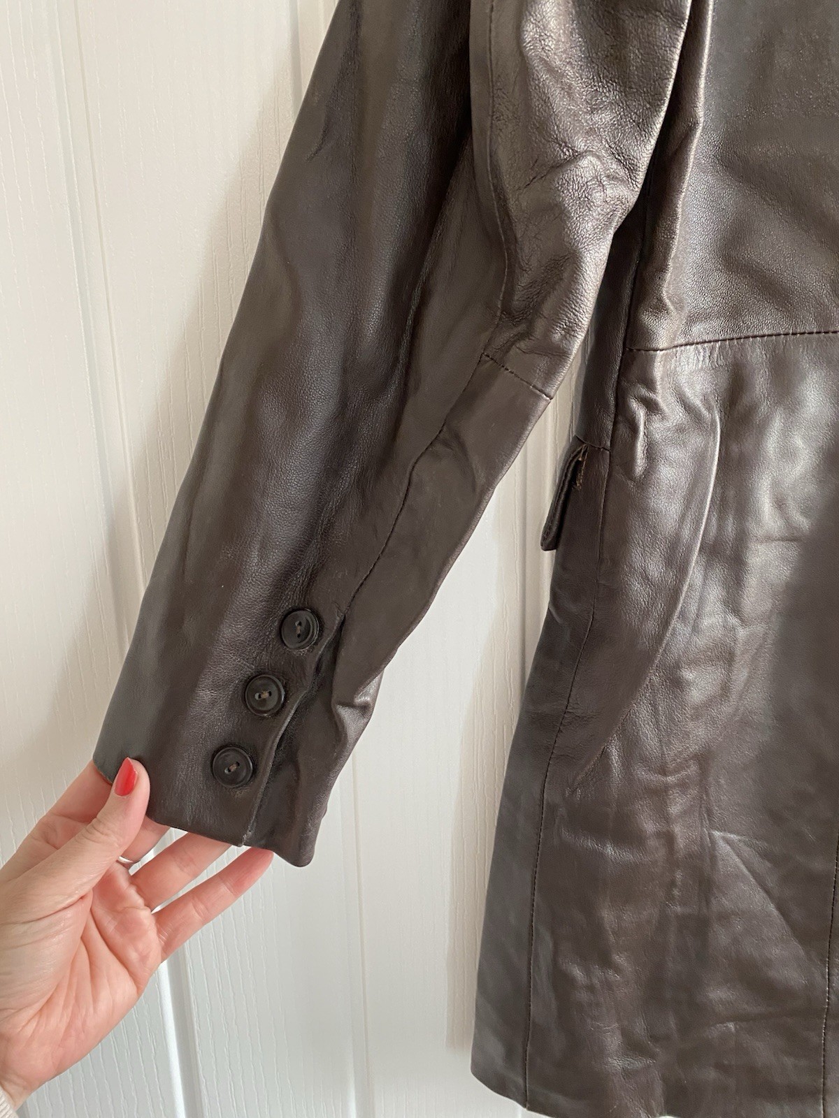 Mode Vintage Ladies Brown Leather Longline Jacket UK 10