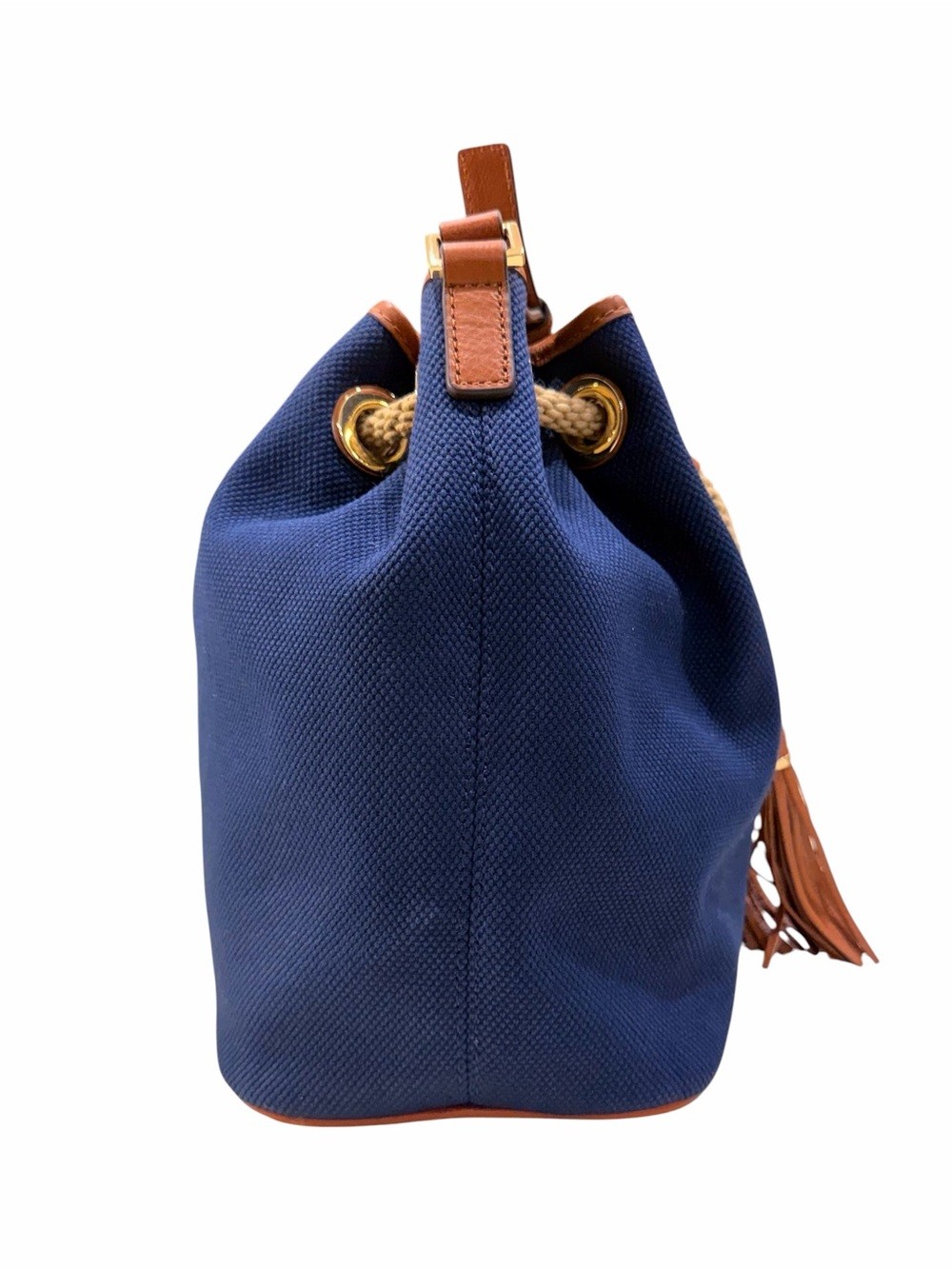 Michael Kors Marina Navy Canvas Tote Tan Leather Trim and Beige Drawstring NWOT