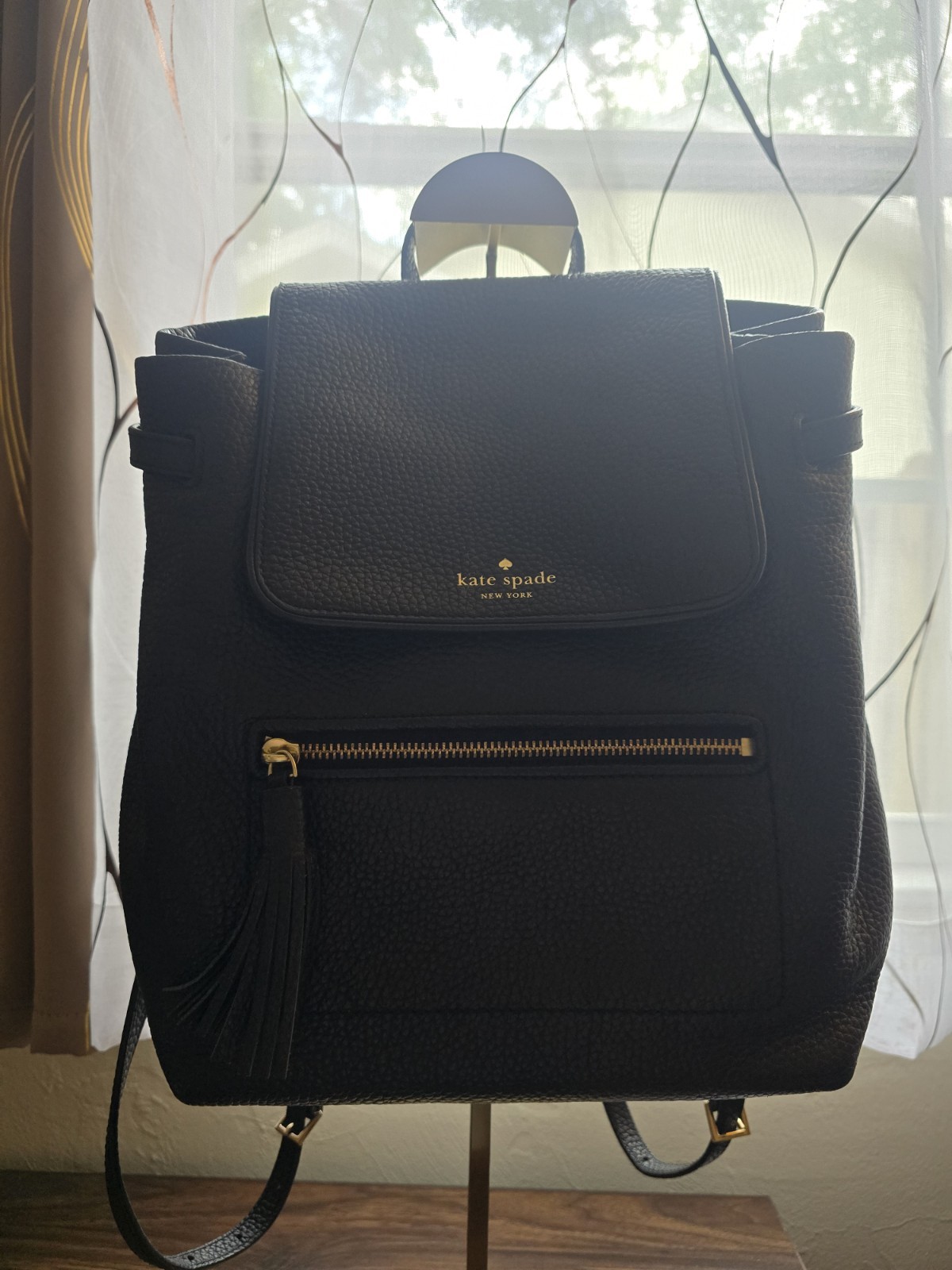 Kate Spade New York Black Pebbled Backpack Tassel, Gold Hardware, WKRU4071