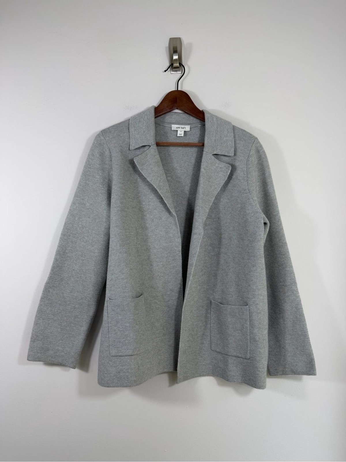 ON 34th Gray Knit Blazer Cardigan Size S Open Front Patch Pocket Jacket