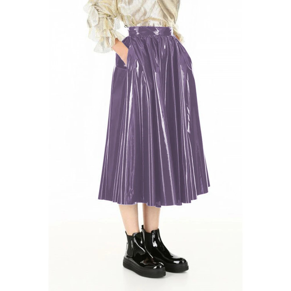 Vinyl PVC Leather Midi Skirts Casual Fashion Female High Waist A-line Skirt