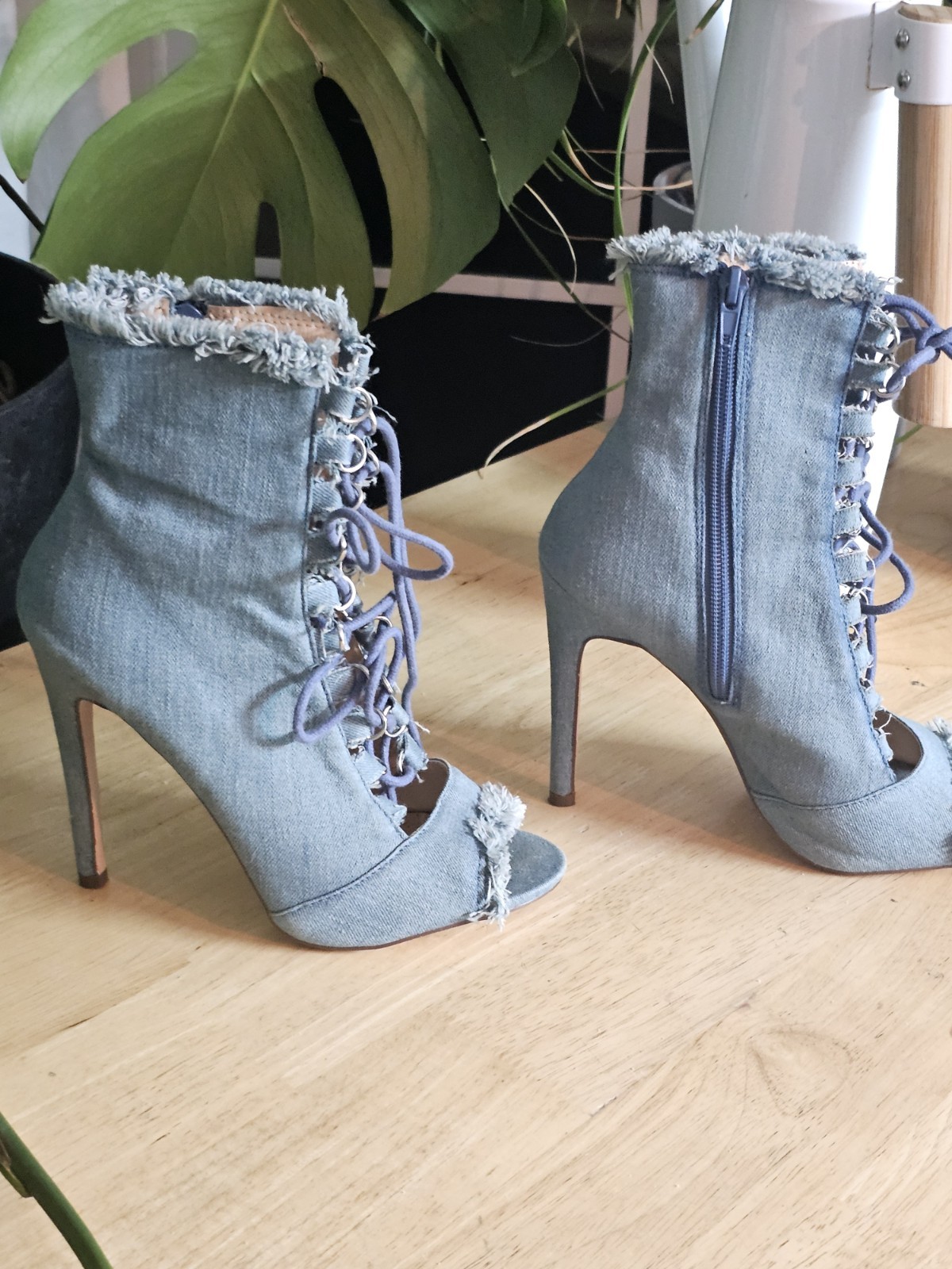 Ultra High Heel Denim Lace Up Peep Toe Stiletto Booties Frayed High Heels
