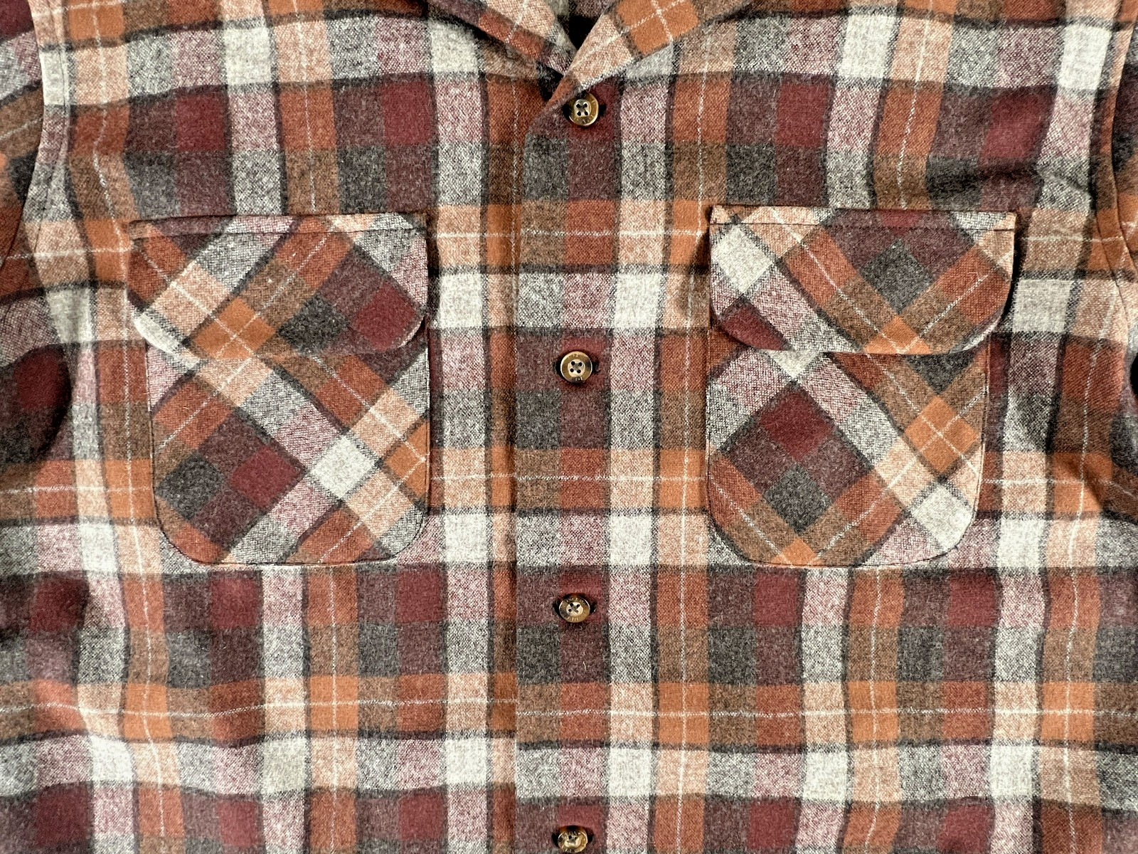 Pendleton Board Shirt Mens (L) Brown Orange Surf Plaid Virgin Wool LS Pockets