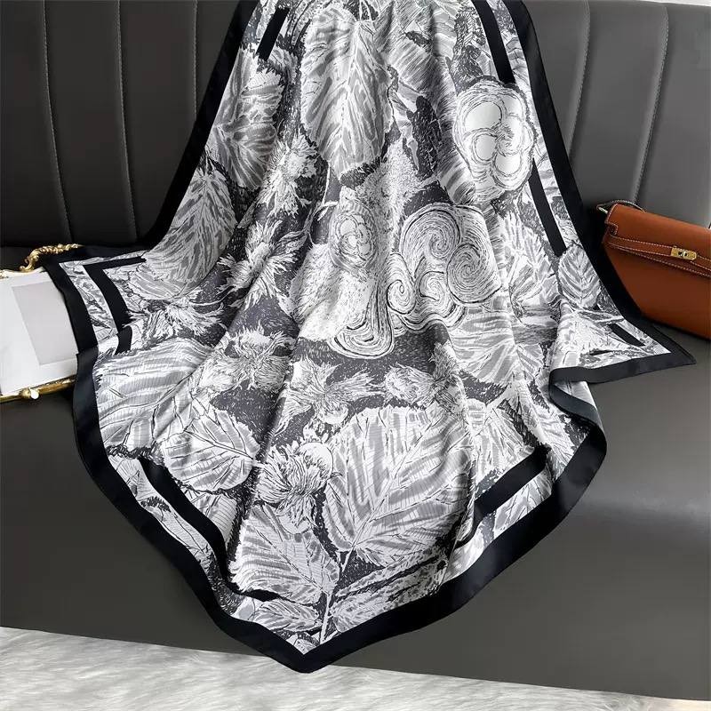 Women’s Grey Floral Satin Square Scarf Silky Feel Shawl 90cm