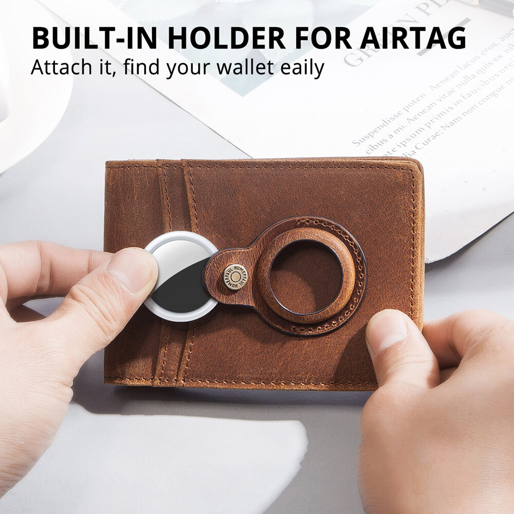 AirTag Wallet Mens Minimalist Bifold Wallet Smart Genuine Leather Rfid Blocking