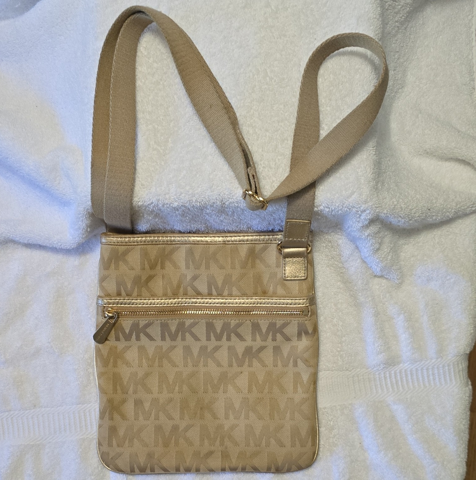 Michael Kors Beige MK Monogram Small Crossbody Bag Zip Pocket Gold Hardware