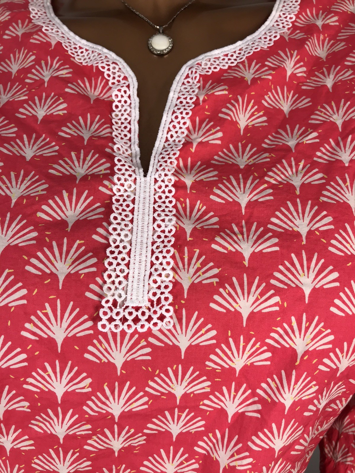 Talbots XL Top Low V Cut Pink White Print Shirt Soft 3/4 Slv Blouse Tunic