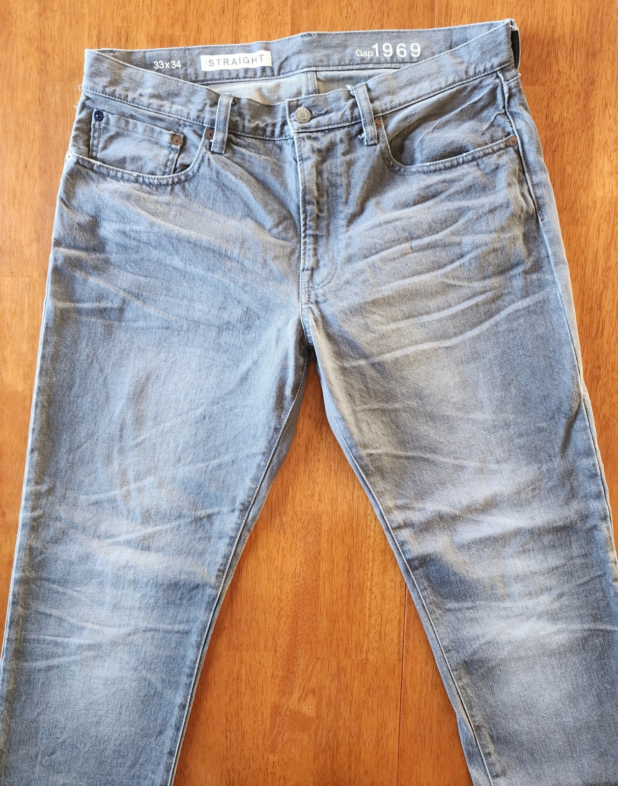 Gap 1969 Men’s Straight Jeans 33×34 Gray Faded Distressed 100% Cotton Denim male