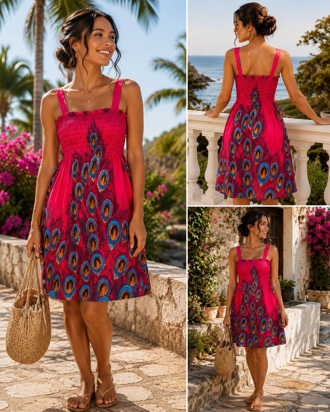 Women’s Pink Summer Beach Dress Stretch Fabric Knee Length Lightweight Sundress
